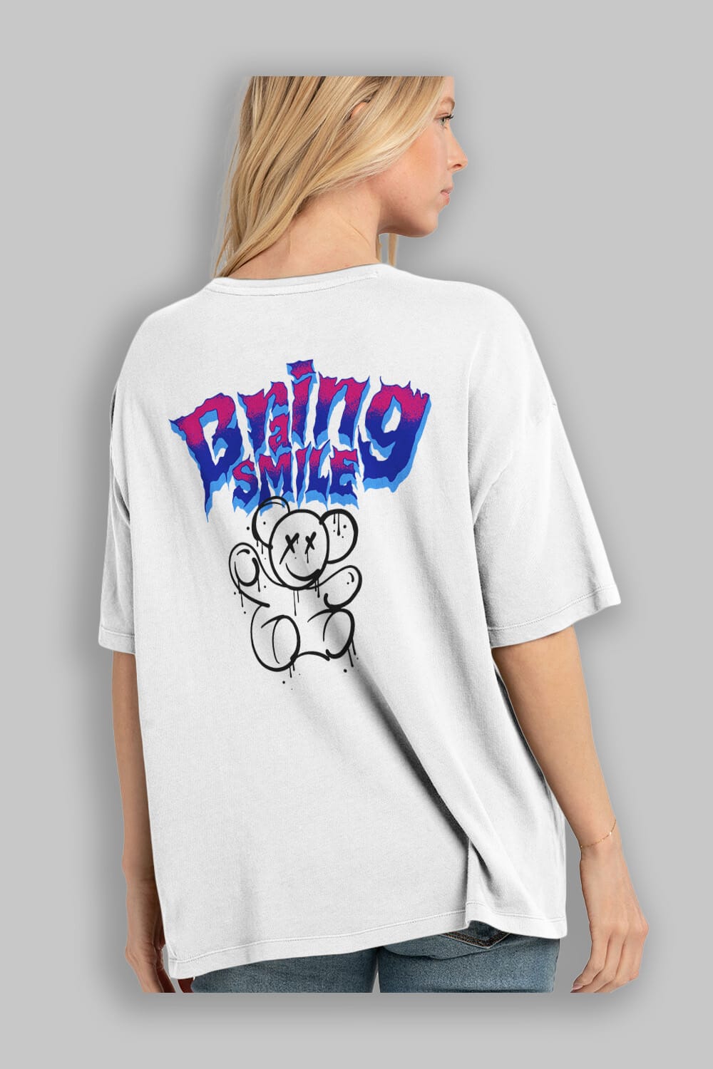 Teddy Bear Braing Smile Arka Baskılı Oversize t-shirt Erkek Kadın Unisex