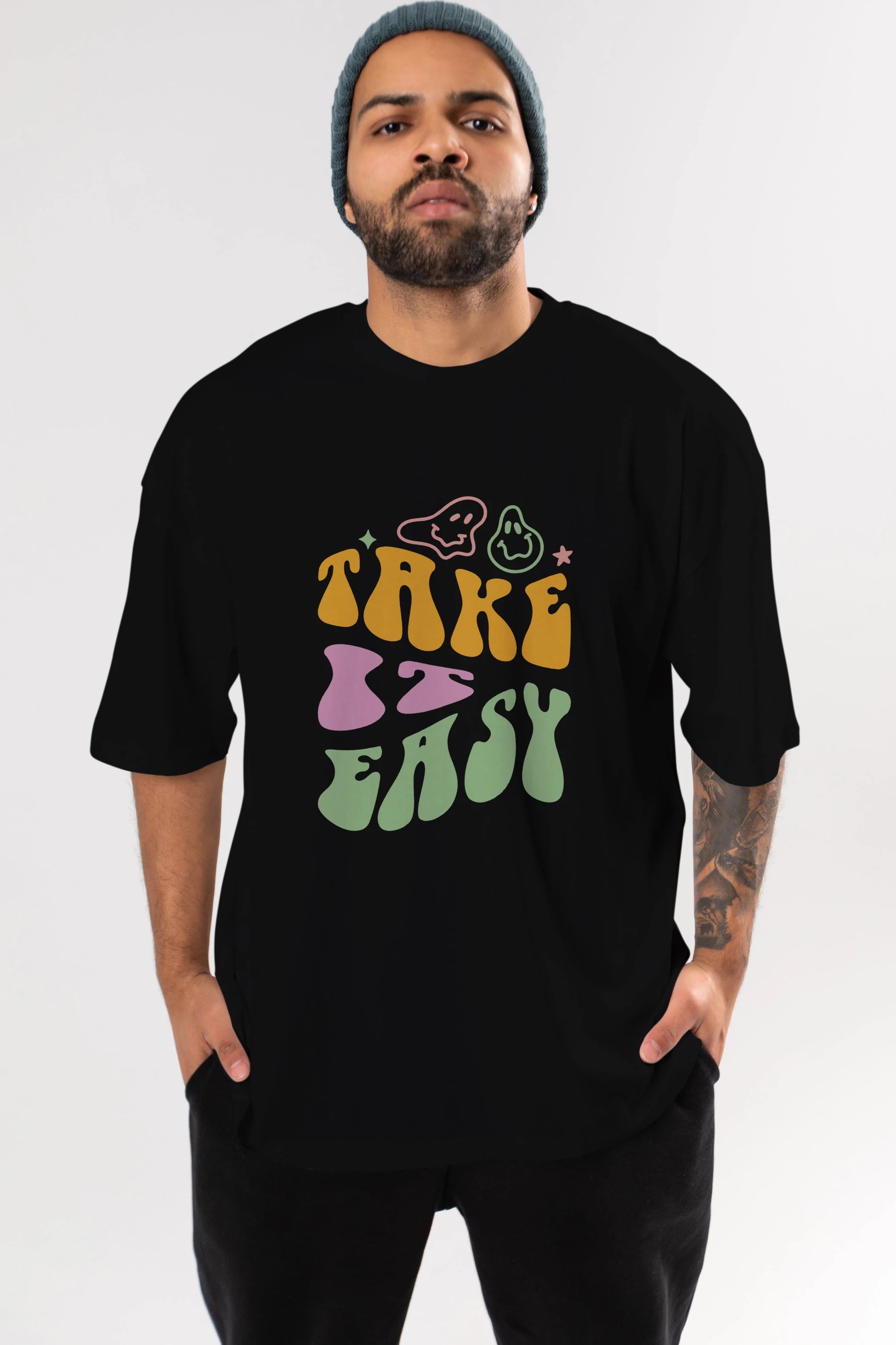 Take it Easy Yazılı Ön Baskılı Oversize t-shirt Erkek Kadın Unisex