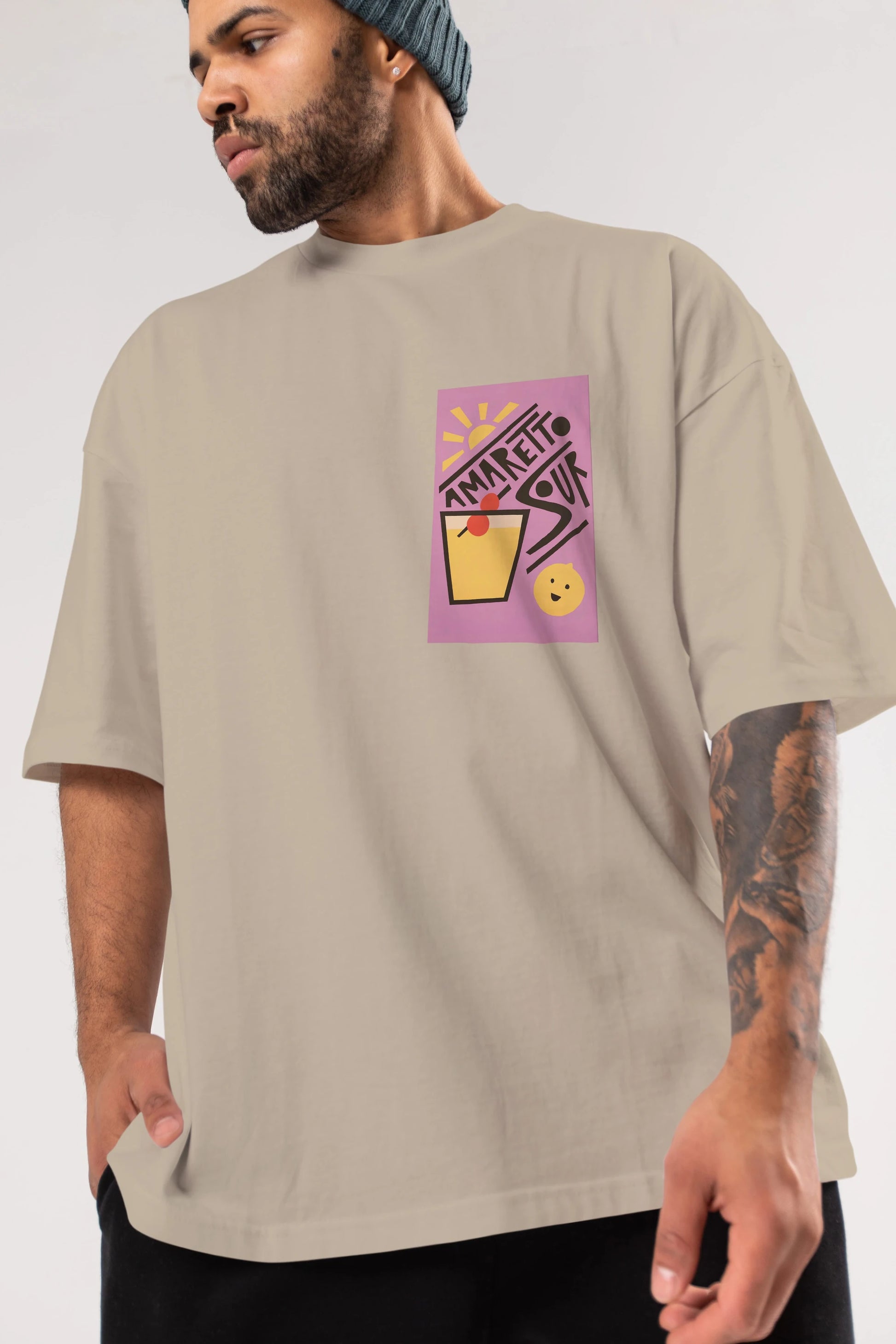 Amaretto Sour Ön Sol Baskılı Oversize t-shirt Erkek Kadın Unisex %100 Pamuk Bisiklet Yaka tişort