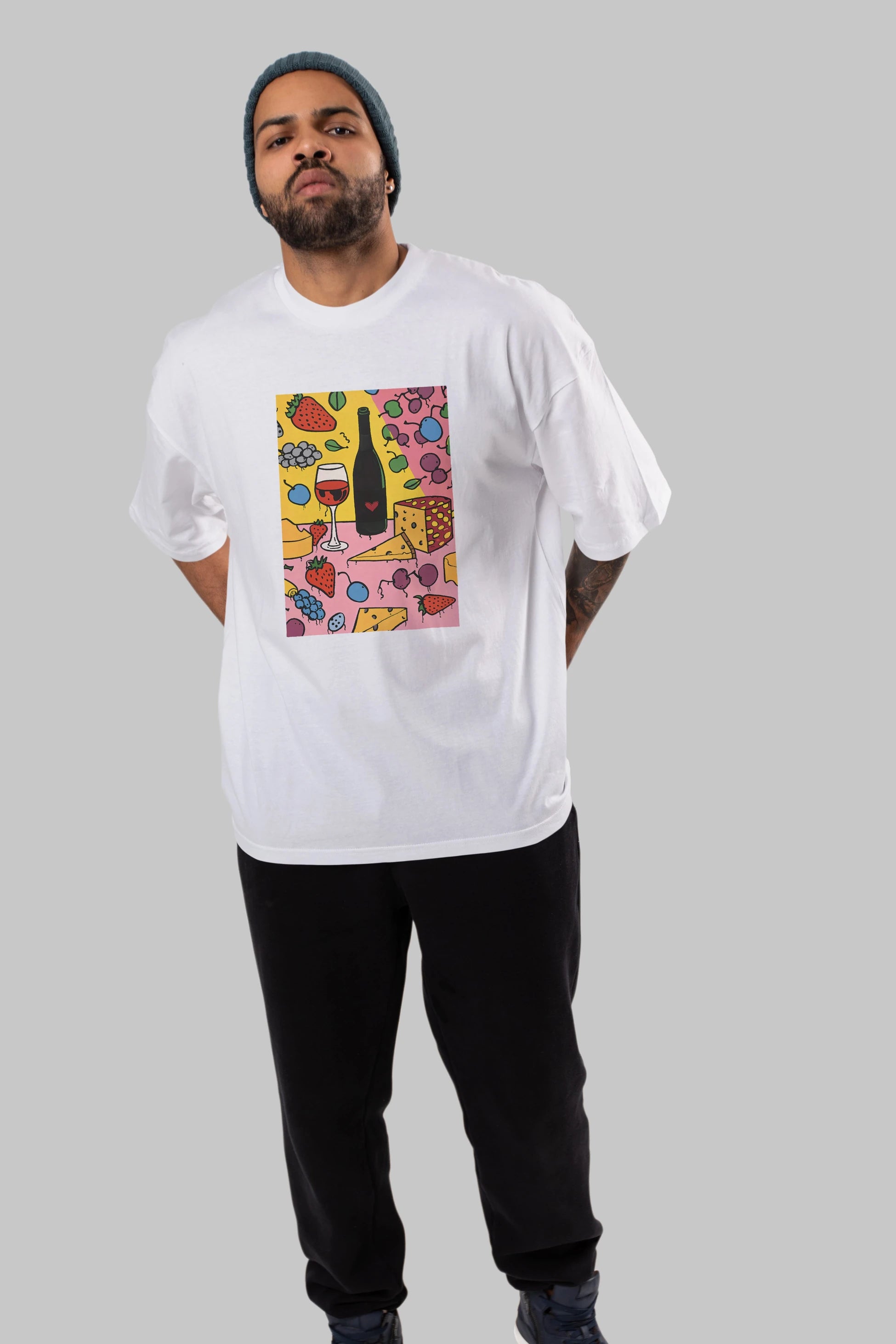 Wine Cheese Fruits Ön Baskılı Oversize t-shirt Erkek Kadın Unisex %100 Pamuk Bisiklet Yaka tişort