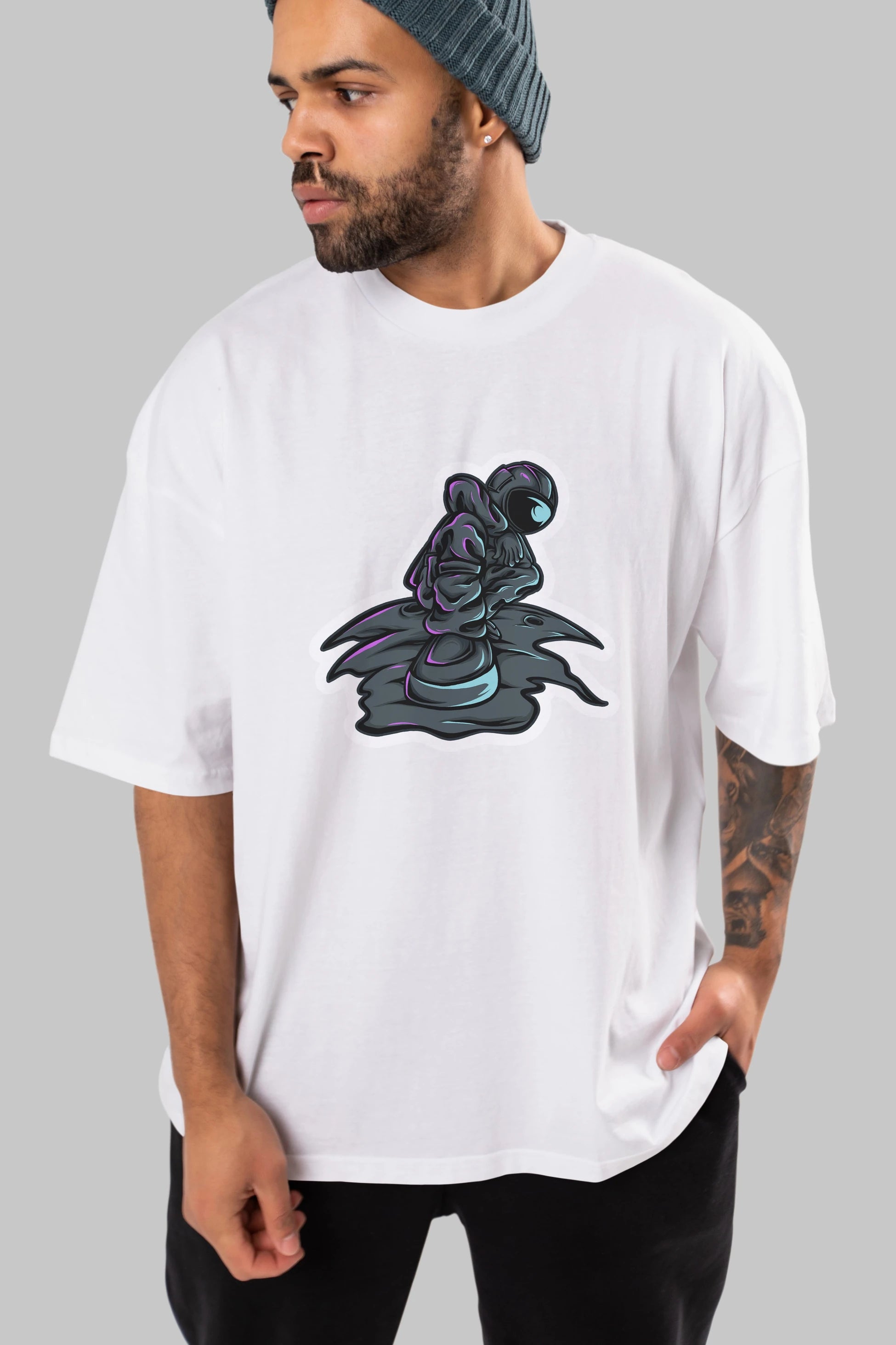 Stylish Astronaut Sticker Ön Baskılı Oversize t-shirt Erkek Kadın Unisex