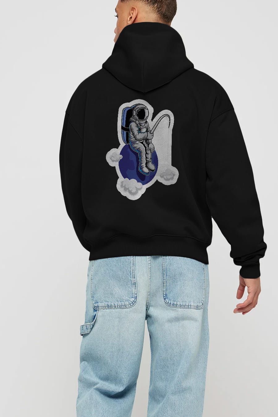 Astronaut Fishing Sticker Arka Baskılı Hoodie Oversize Kapüşonlu Sweatshirt Erkek Kadın Unisex