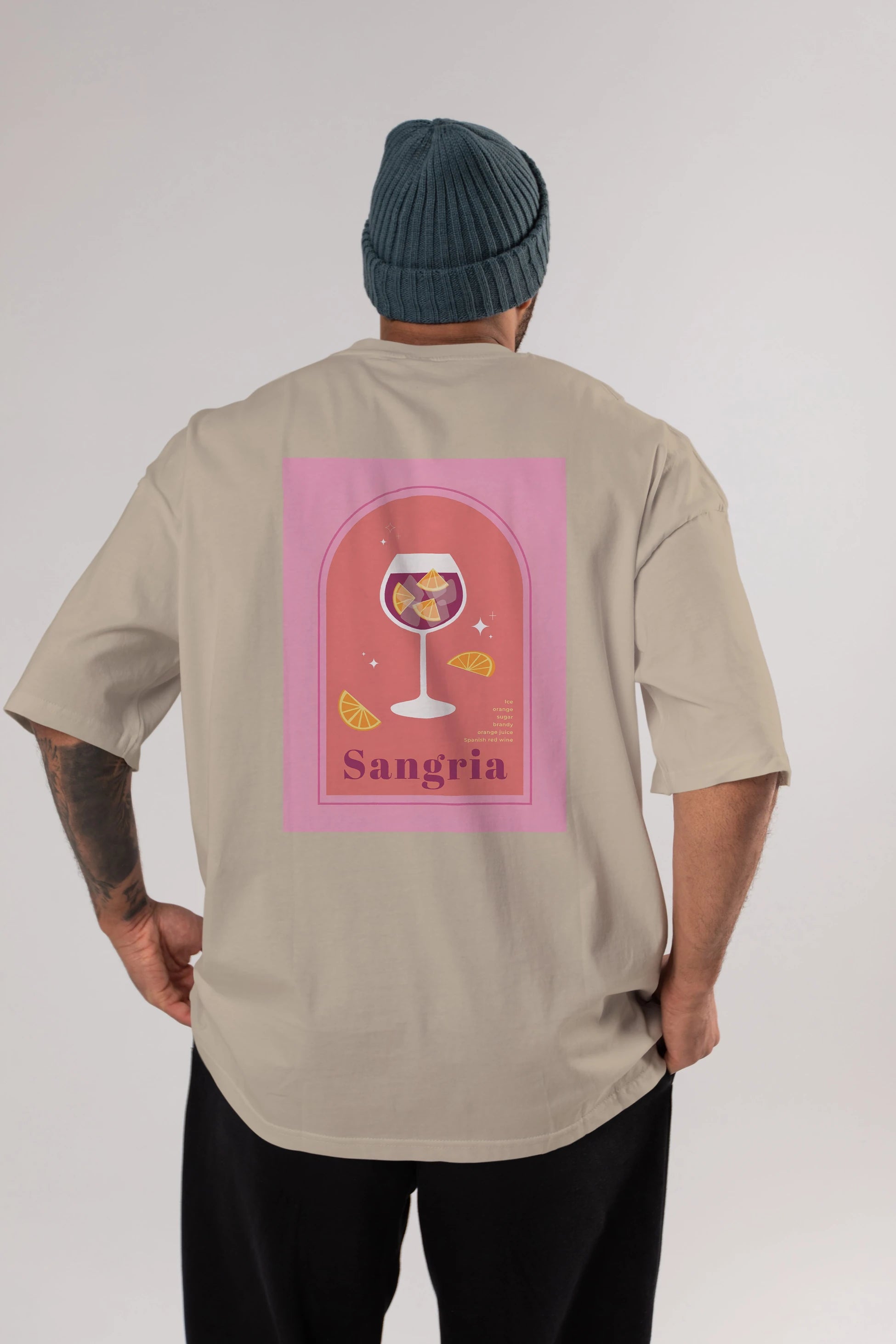 Sangria Arka Baskılı Oversize t-shirt Erkek Kadın Unisex %100 Pamuk Bisiklet Yaka tişort