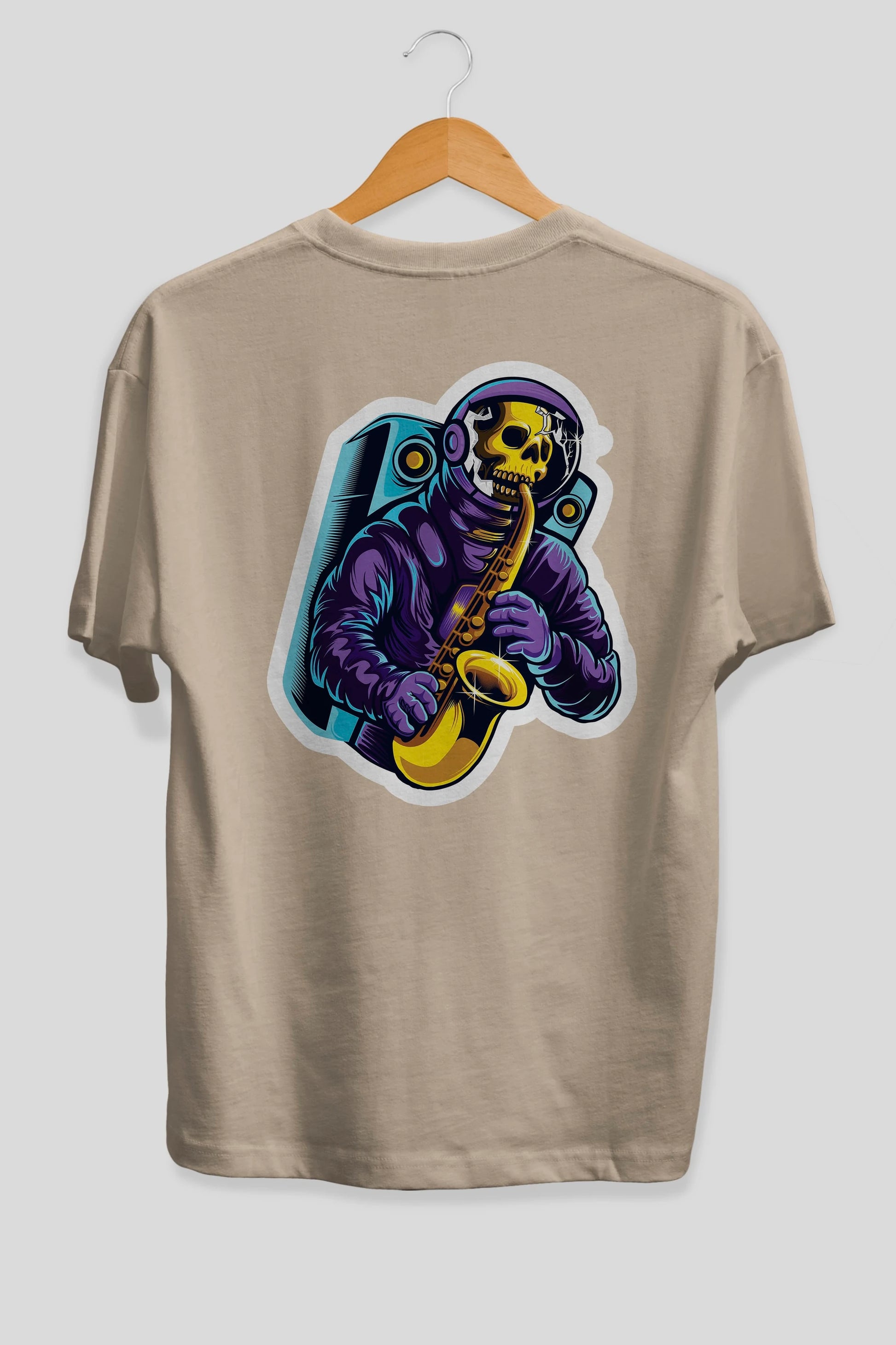 Astroskull Saxophonist Sticker Arka Baskılı Oversize t-shirt Erkek Kadın Unisex