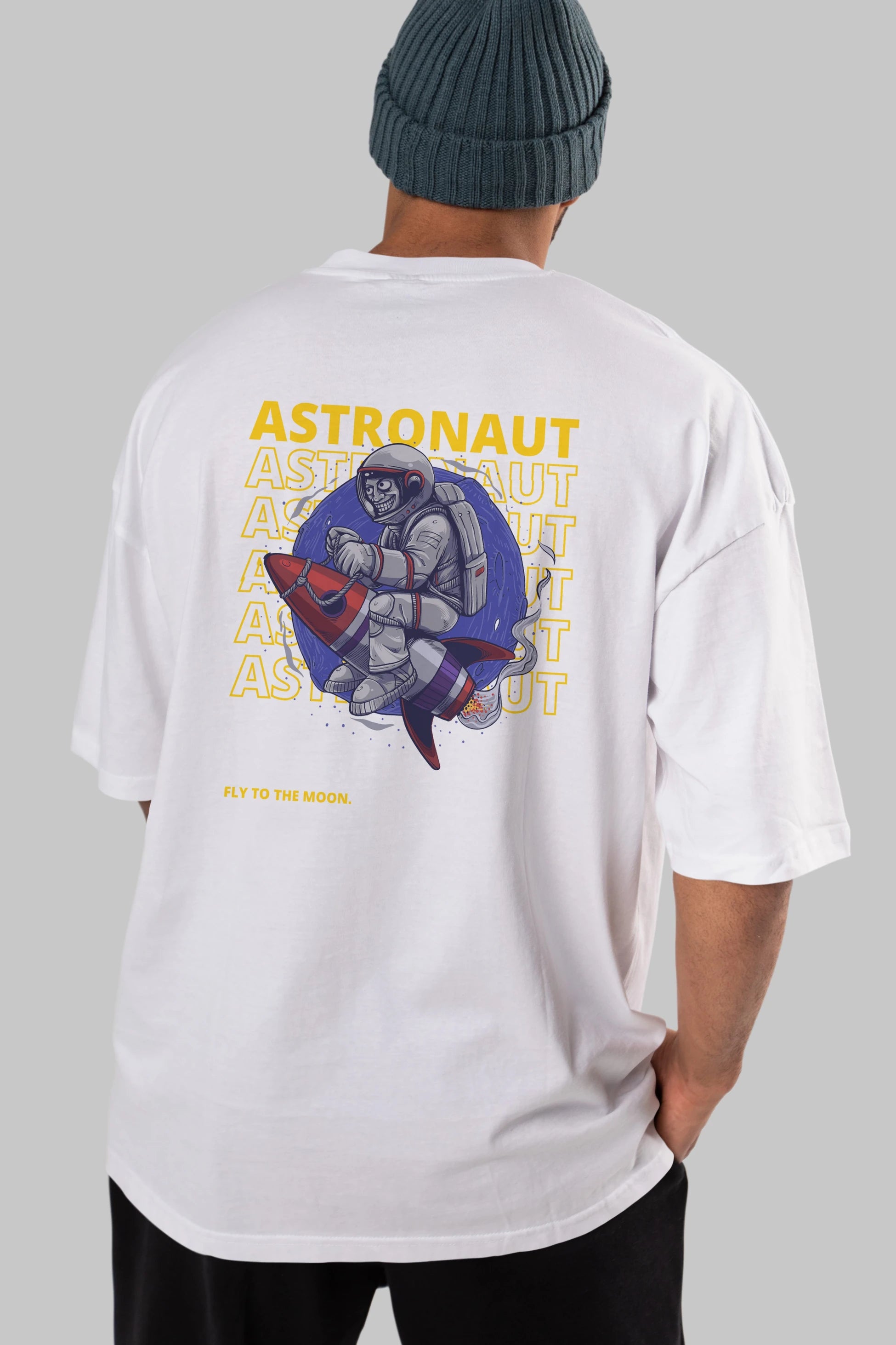 Astronaut Fly to the Moon Yazılı Arka Baskılı Oversize t-shirt Erkek Kadın Unisex