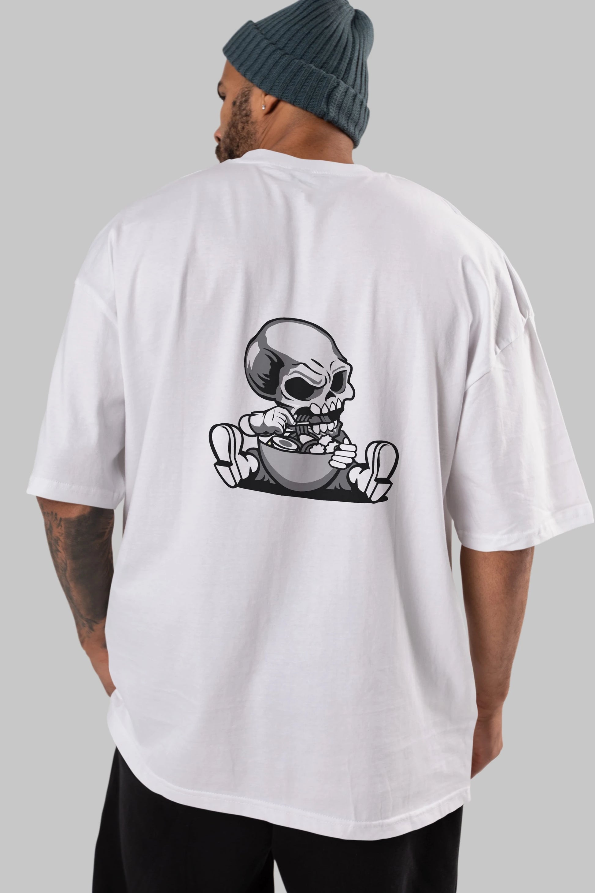 Skull Eat Ramen Arka Baskılı Oversize t-shirt Erkek Kadın Unisex %100 Pamuk tişort