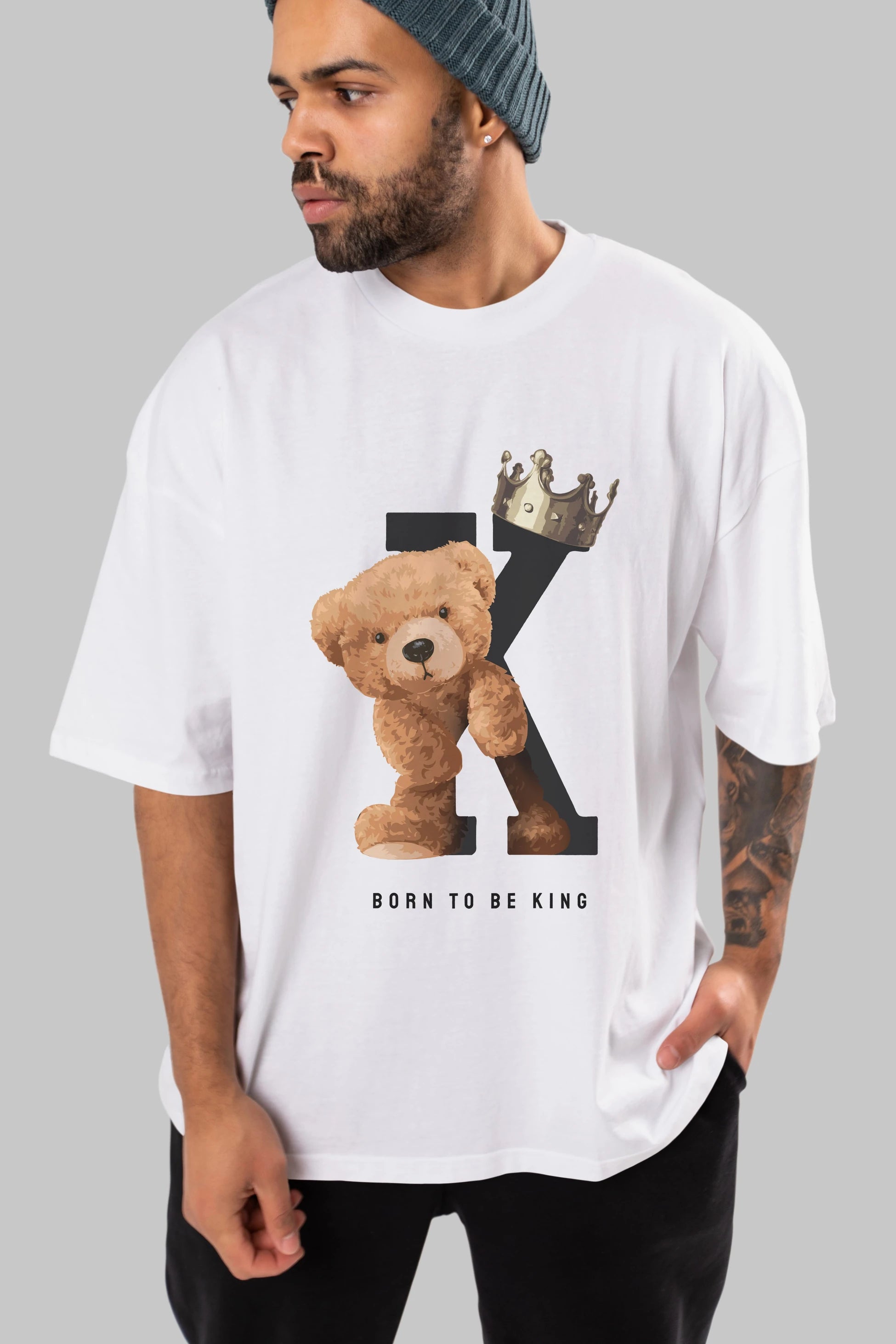 Teddy Bear Born To Be King Ön Baskılı Oversize t-shirt Erkek Kadın Unisex %100 Pamuk