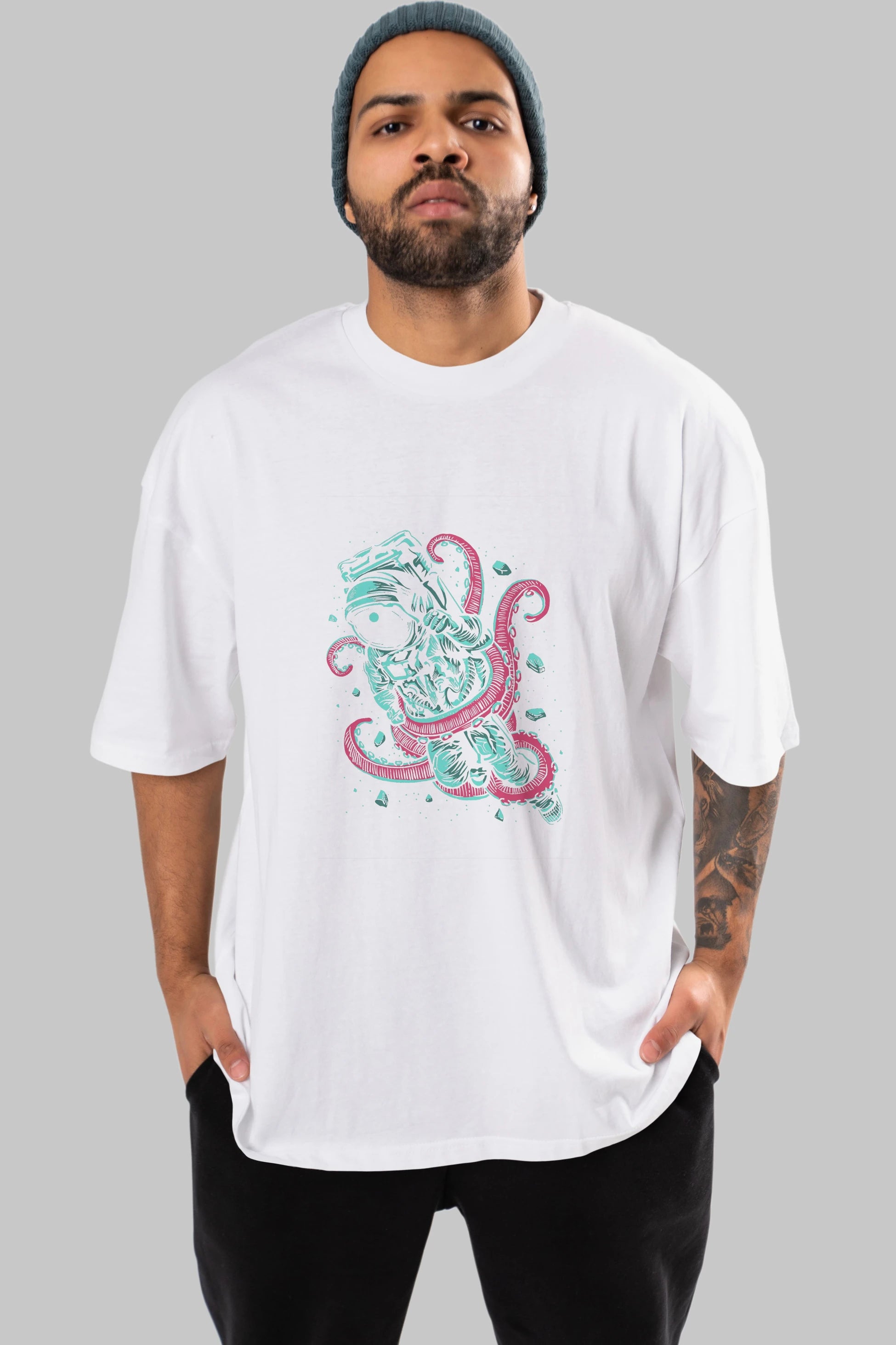 Astronaut Octopus Ön Baskılı Oversize t-shirt Erkek Kadın Unisex %100 Pamuk tişort
