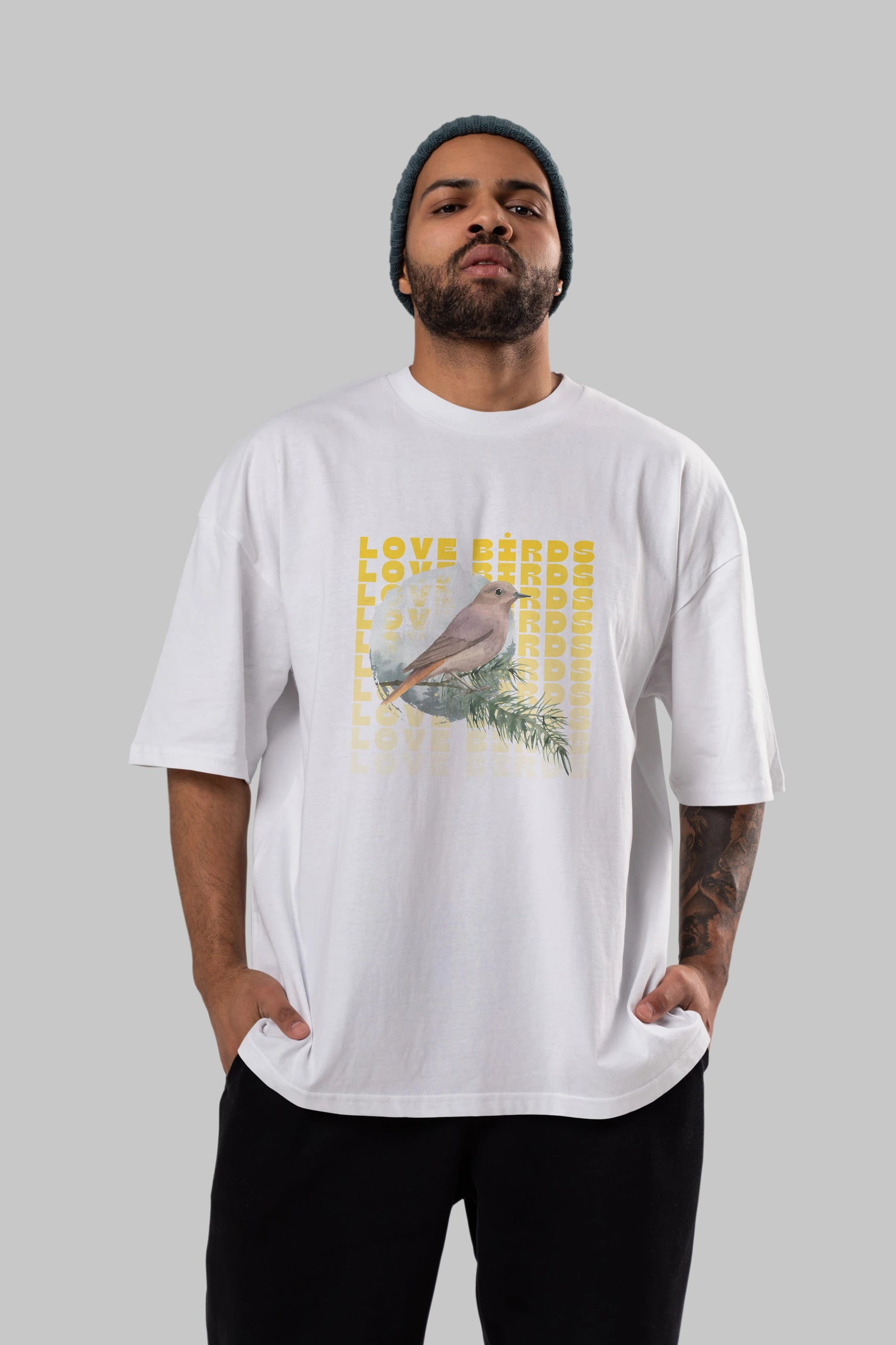 Love Birds Yazılı Ön Baskılı Oversize t-shirt Erkek Kadın Unisex