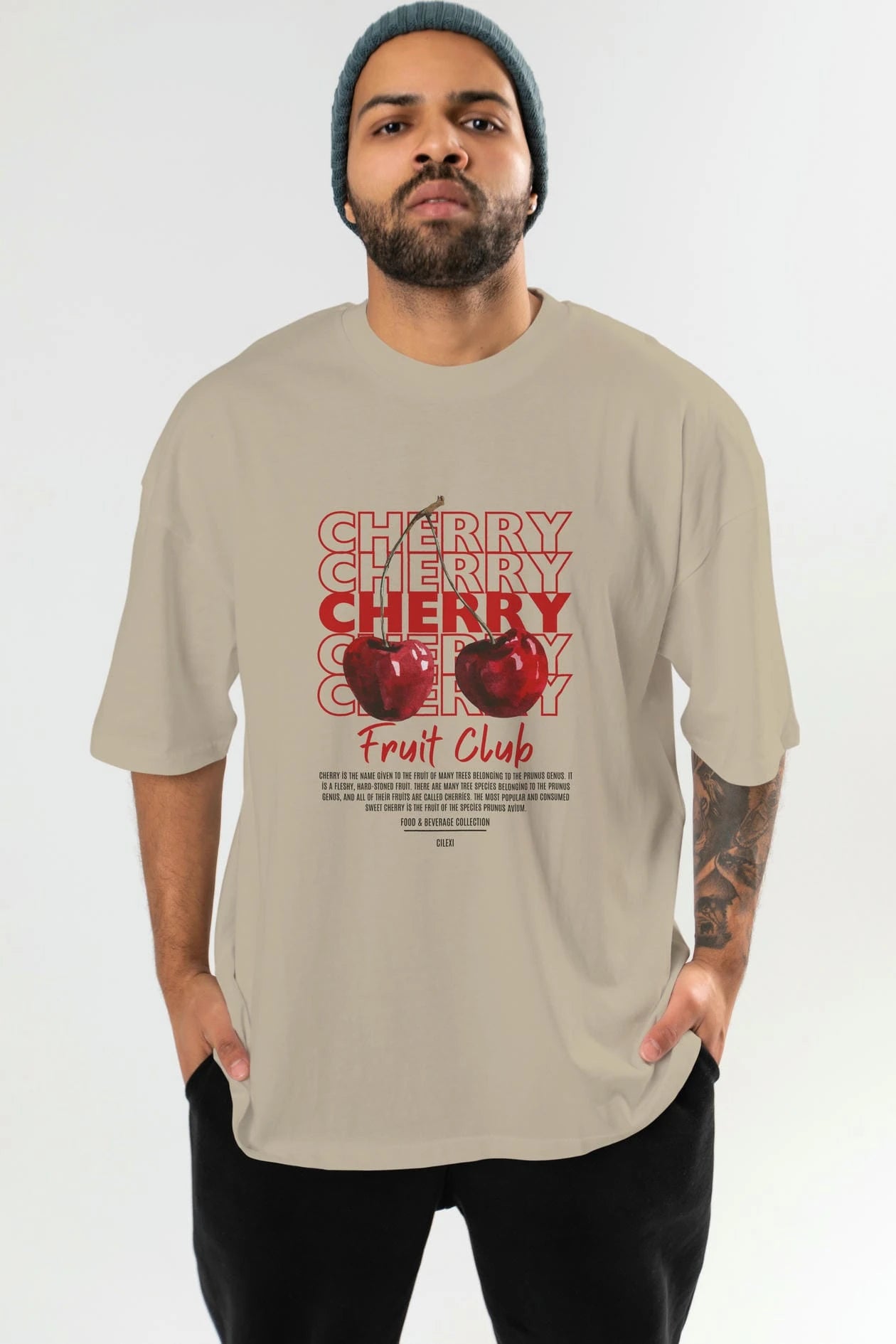 Cherry Ön Baskılı Oversize t-shirt Erkek Kadın Pamuk Bisiklet Yaka tişort