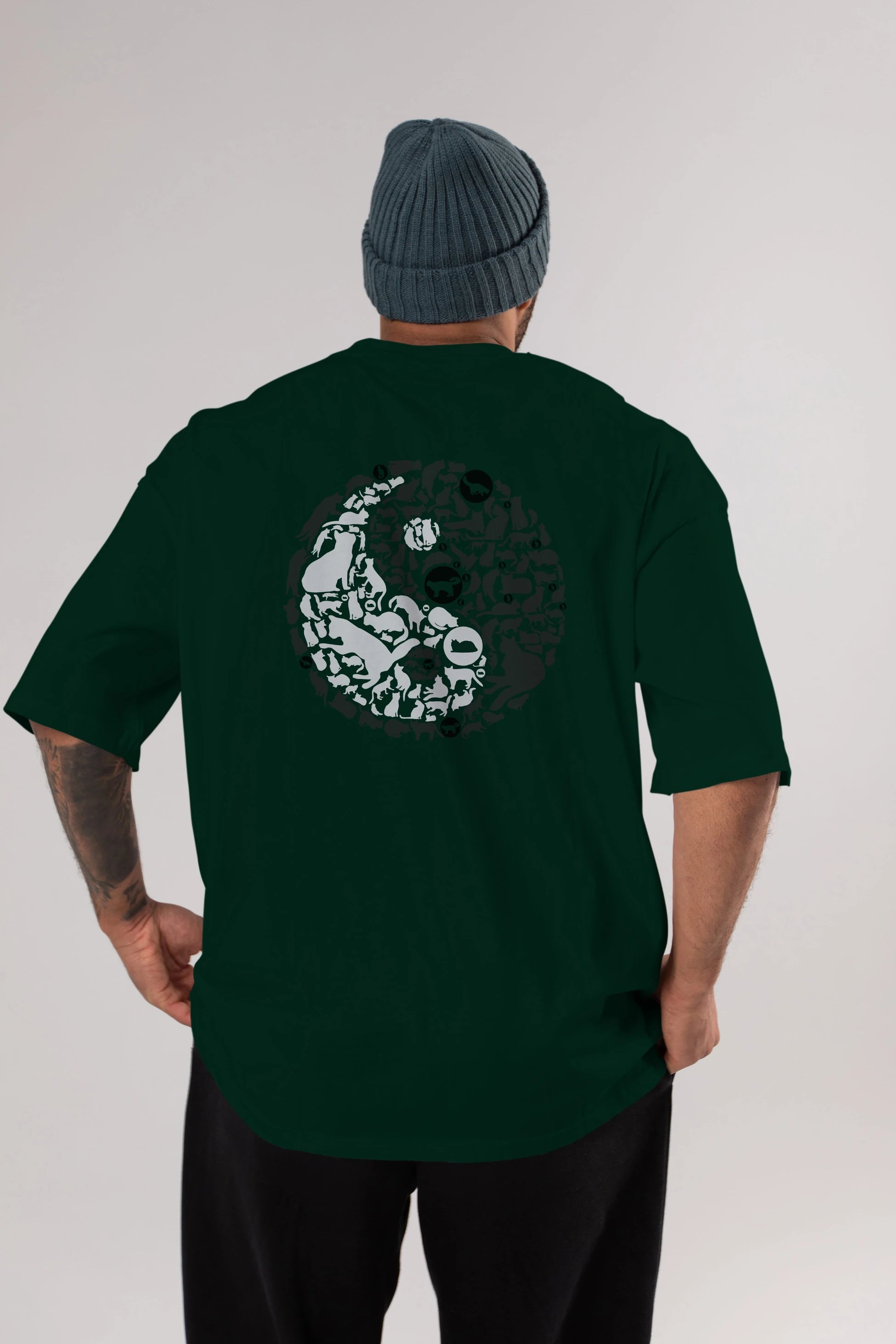 YinYang Cats Arka Baskılı Oversize t-shirt %100 pamuk Erkek Kadın Unisex