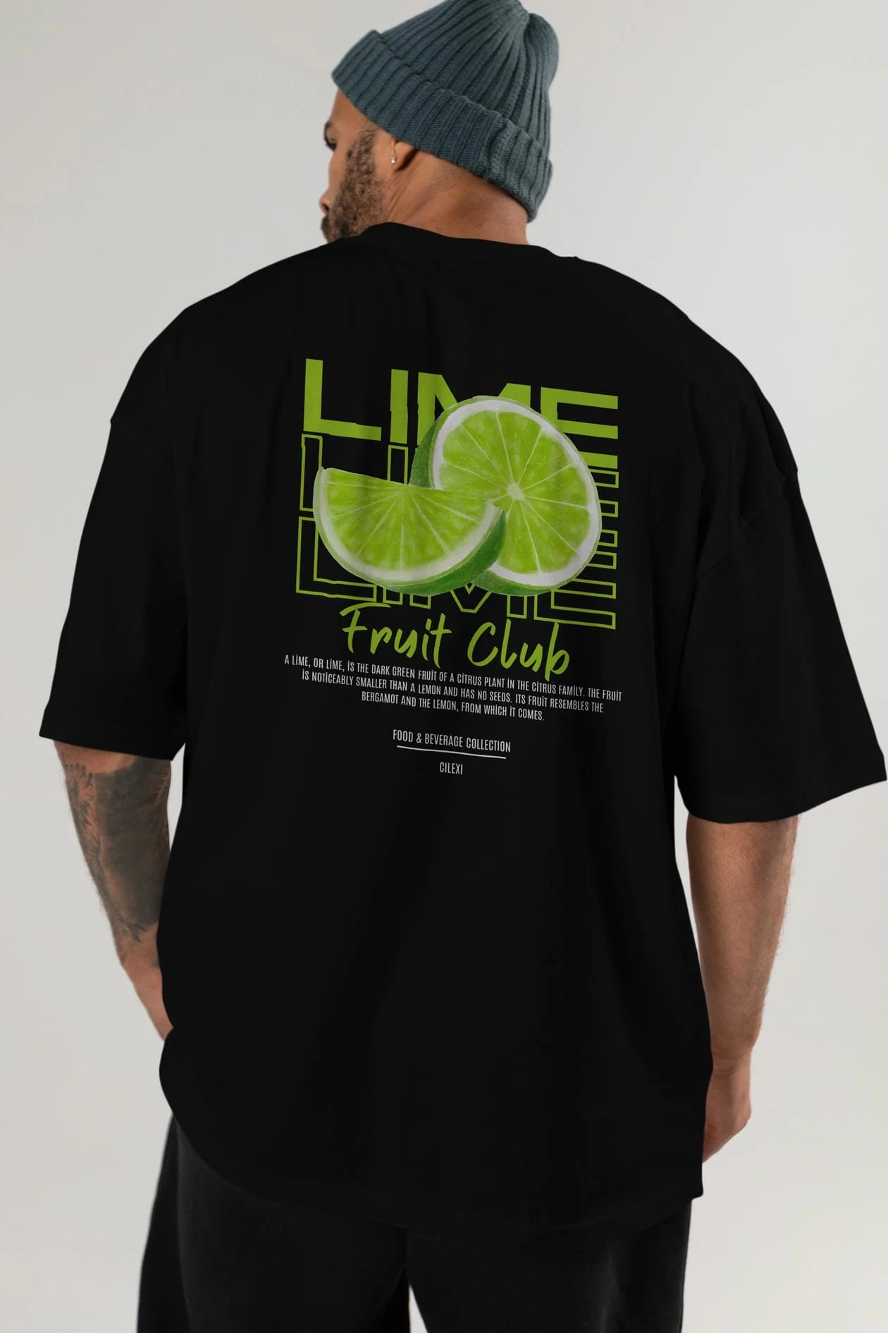Lime Arka Baskılı Oversize t-shirt Erkek Kadın Pamuk Bisiklet Yaka tişort