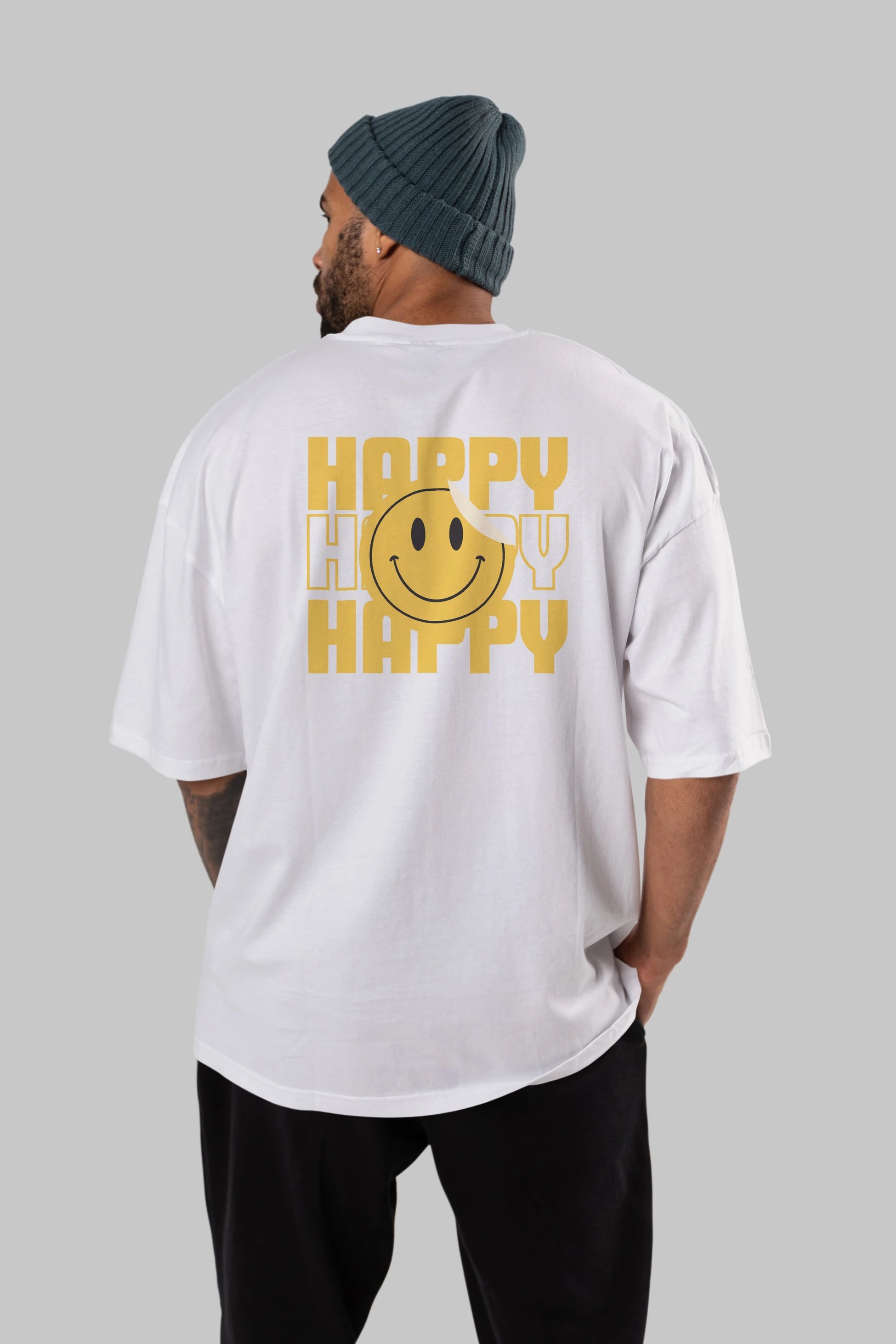 Happy Smile Yazılı Arka Baskılı Oversize t-shirt Erkek Kadın Unisex
