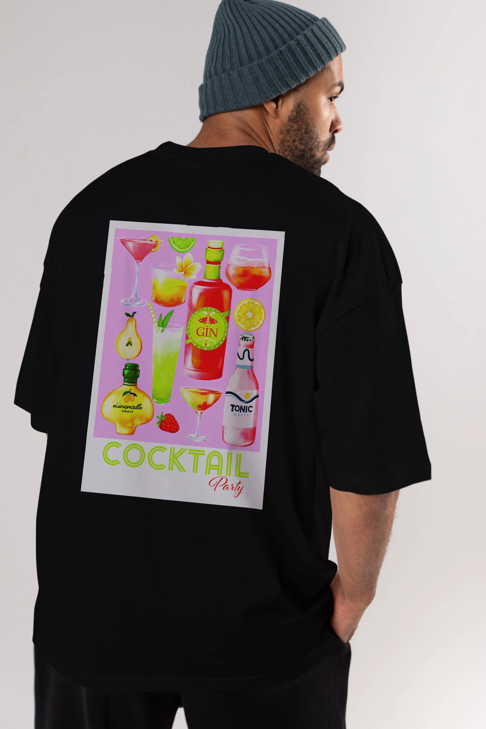 Cocktail Party Arka Baskılı Oversize t-shirt Erkek Kadın Unisex %100 Pamuk Bisiklet Yaka tişort