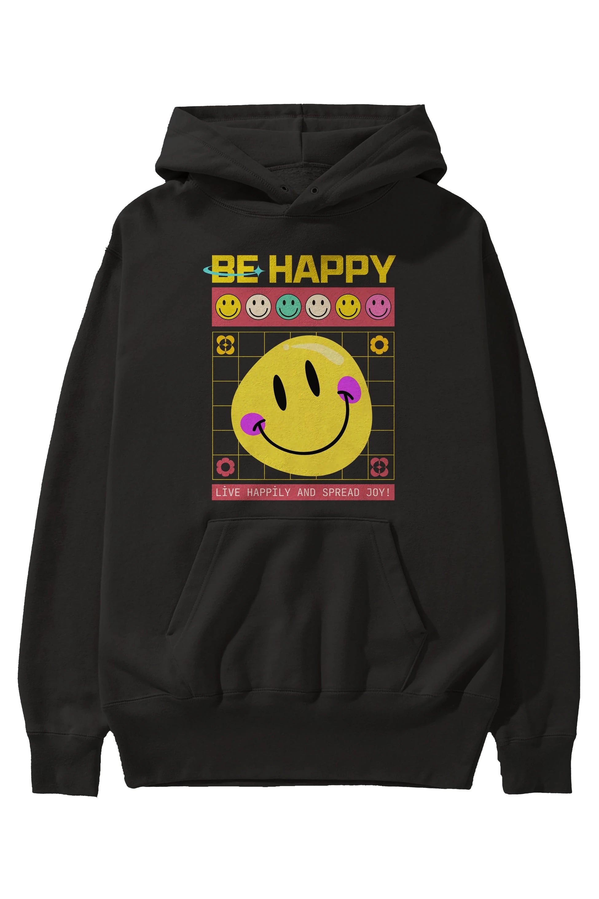 Be Happy Yazılı Ön Baskılı Oversize Hoodie Kapüşonlu Sweatshirt Erkek Kadın Unisex