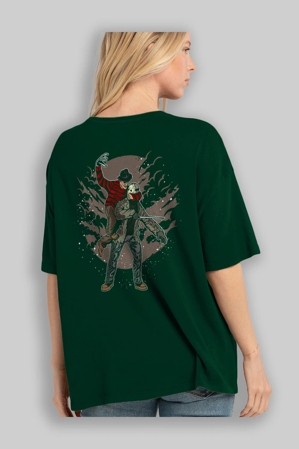 FREDDY VS JASON Arka Baskılı Oversize t-shirt Erkek Kadın Unisex %100 Pamuk
