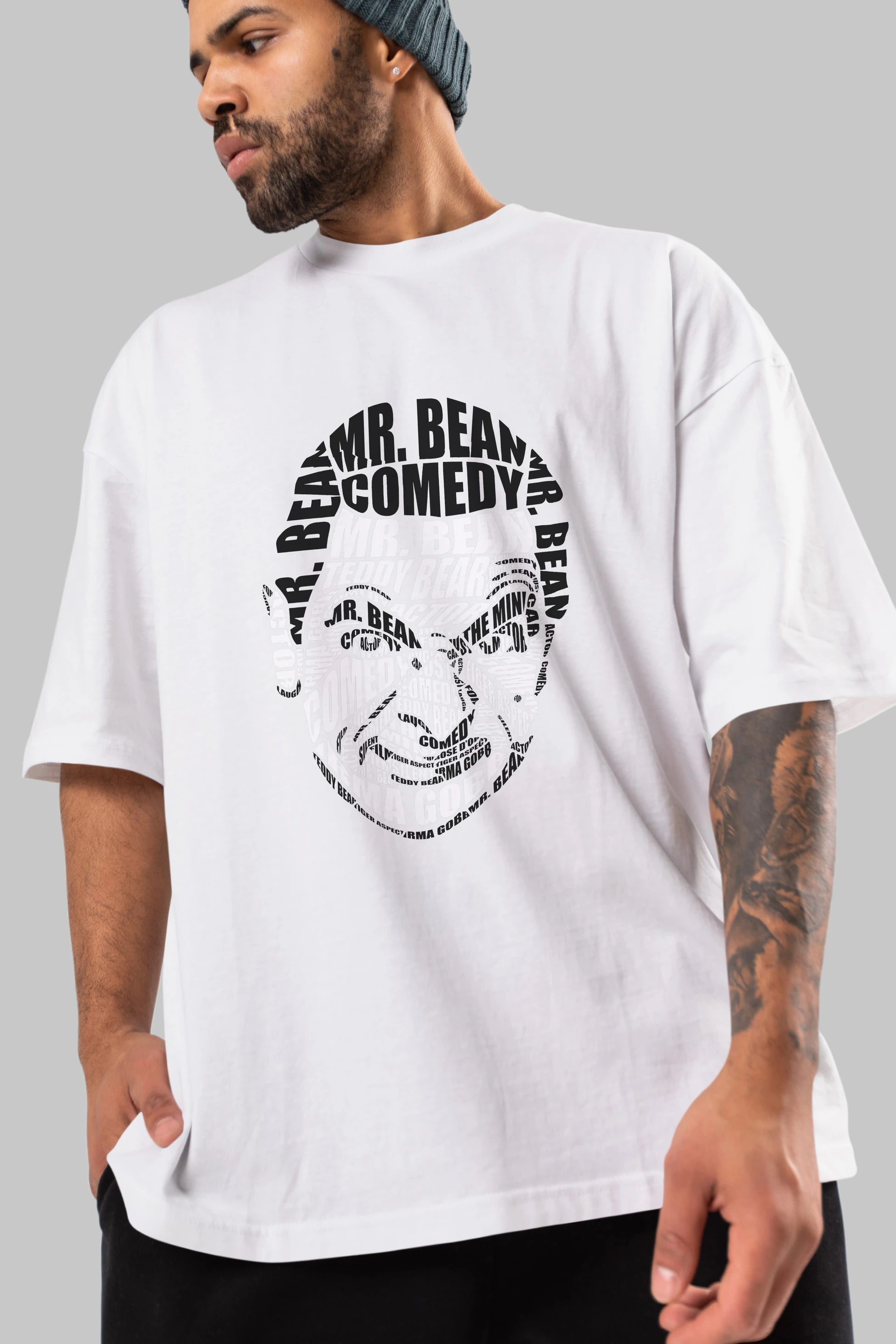 Mr Bean Calligram Ön Baskılı Oversize t-shirt %100 pamuk Erkek Kadın Unisex