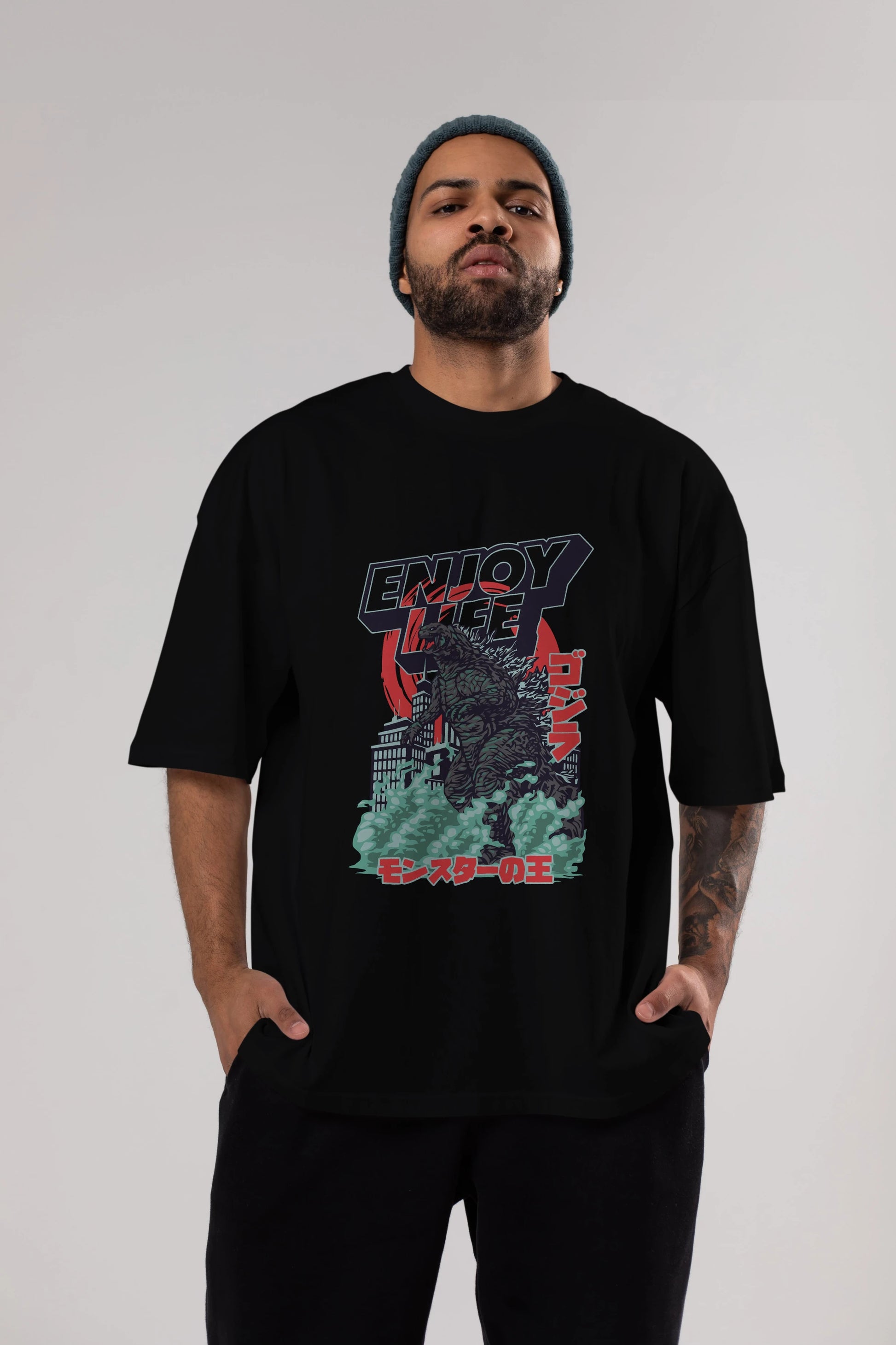 Godzilla Ön Baskılı Oversize t-shirt Erkek Kadın Unisex %100 Pamuk Bisiklet Yaka tişort