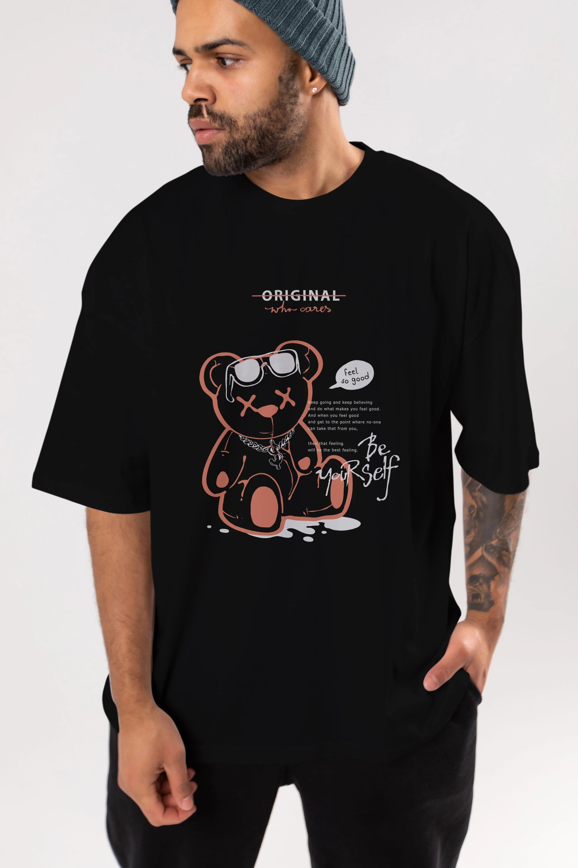 Feel So Good Bear Ön Baskılı Oversize t-shirt Erkek Kadın Unisex