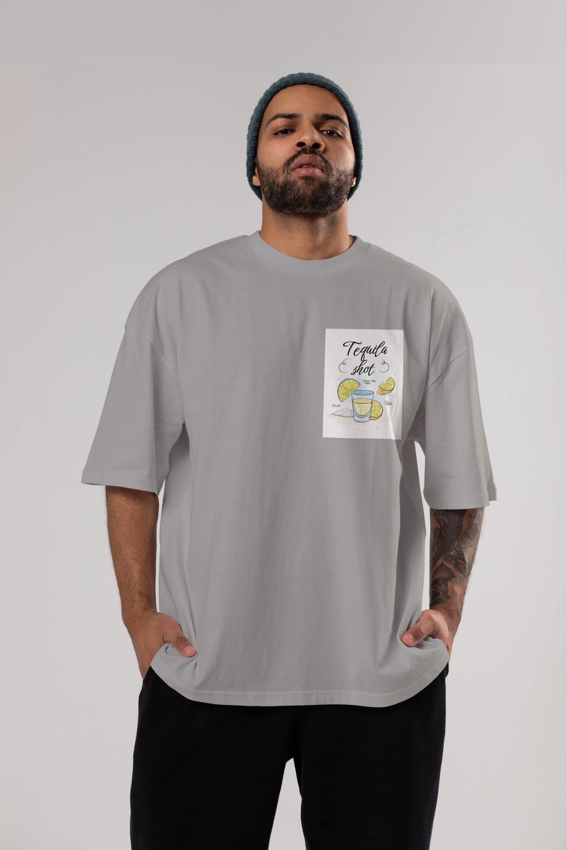 Tequila Shot Ön Sol Baskılı Oversize t-shirt Erkek Kadın Unisex %100 Pamuk Bisiklet Yaka tişort