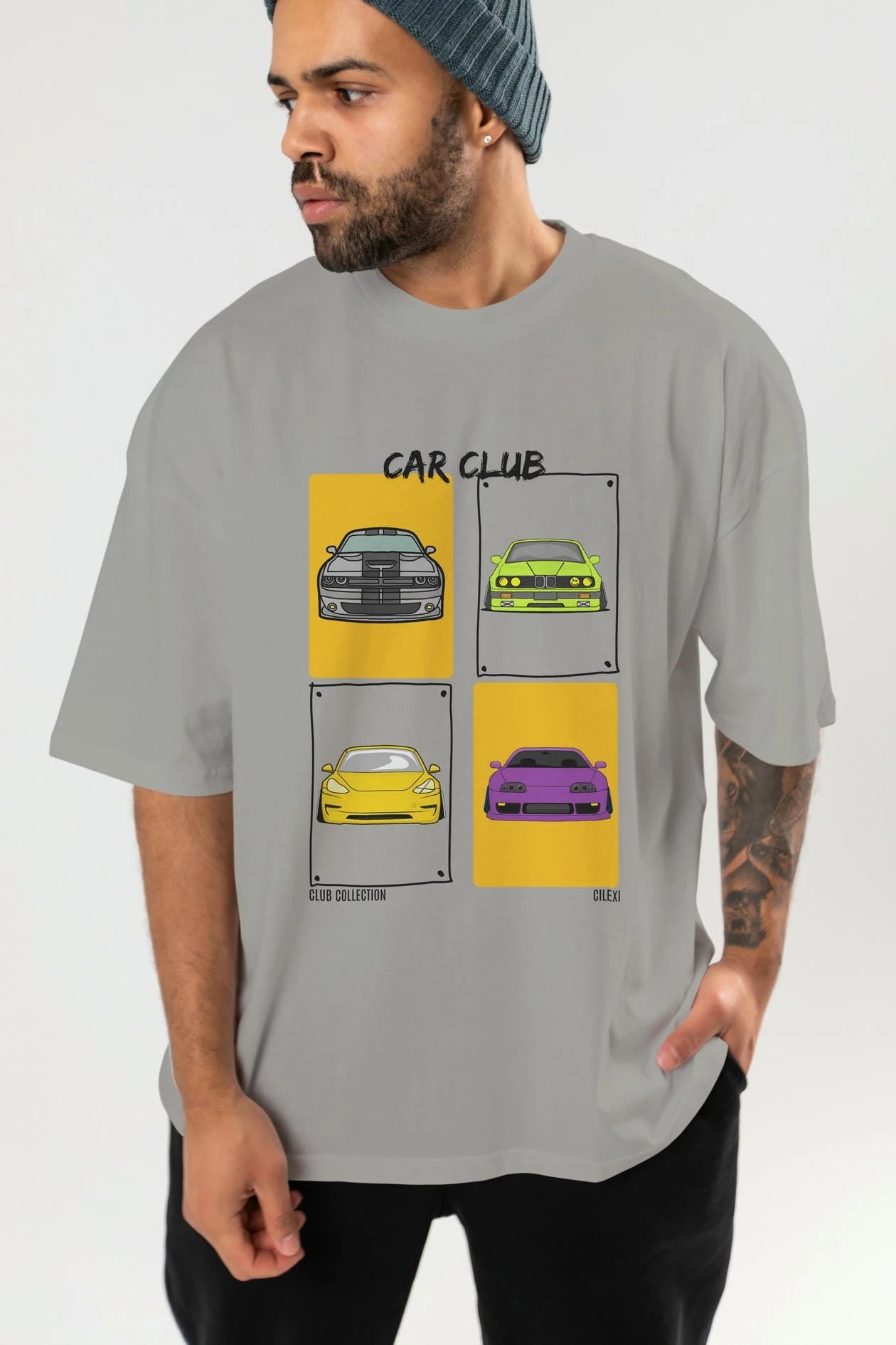 Car Club ön Baskılı Oversize t-shirt Erkek Kadın %100 Pamuk Bisiklet Yaka tişort