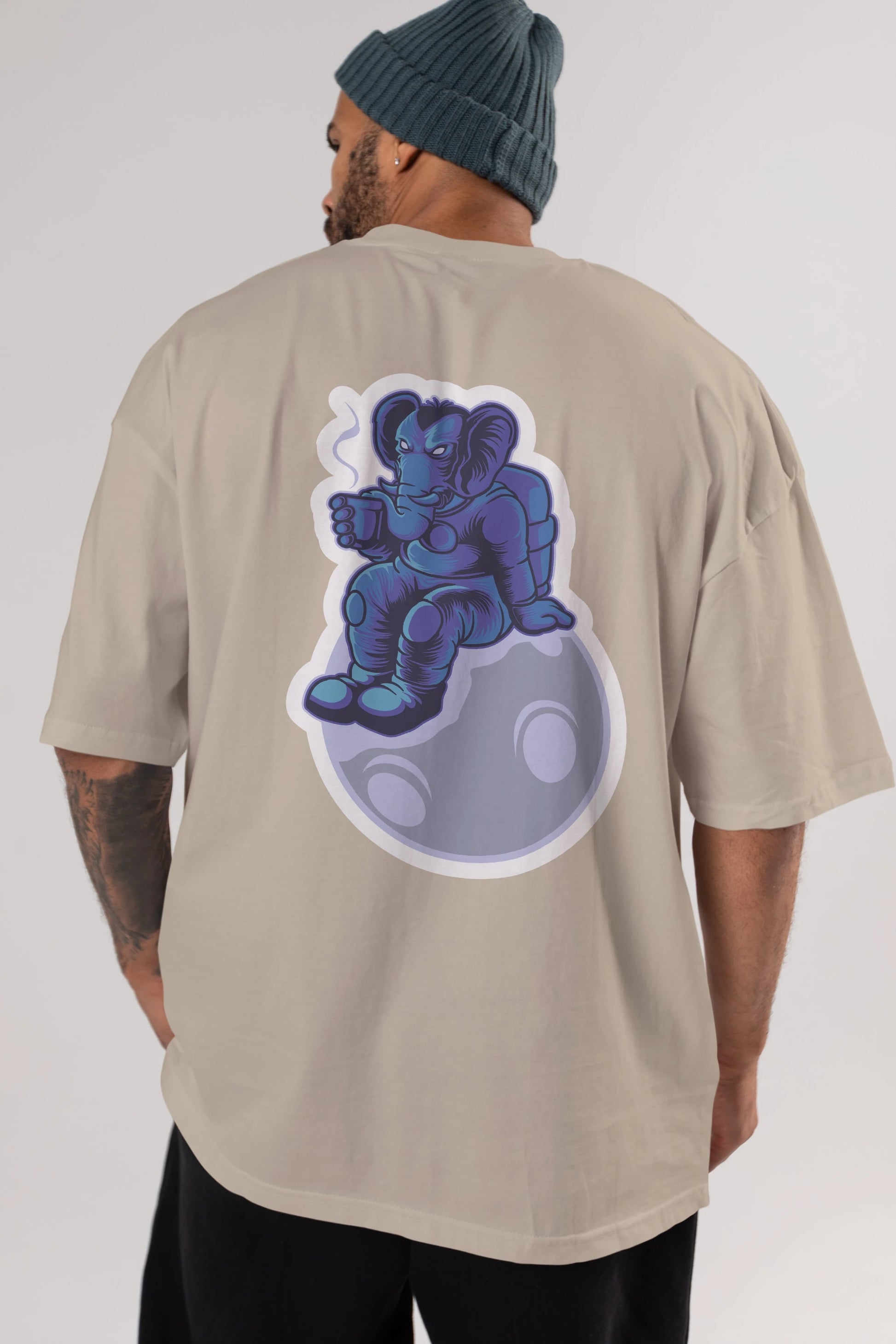 Space Elephant Drink Coffee Sticker Arka Baskılı Oversize t-shirt Erkek Kadın Unisex