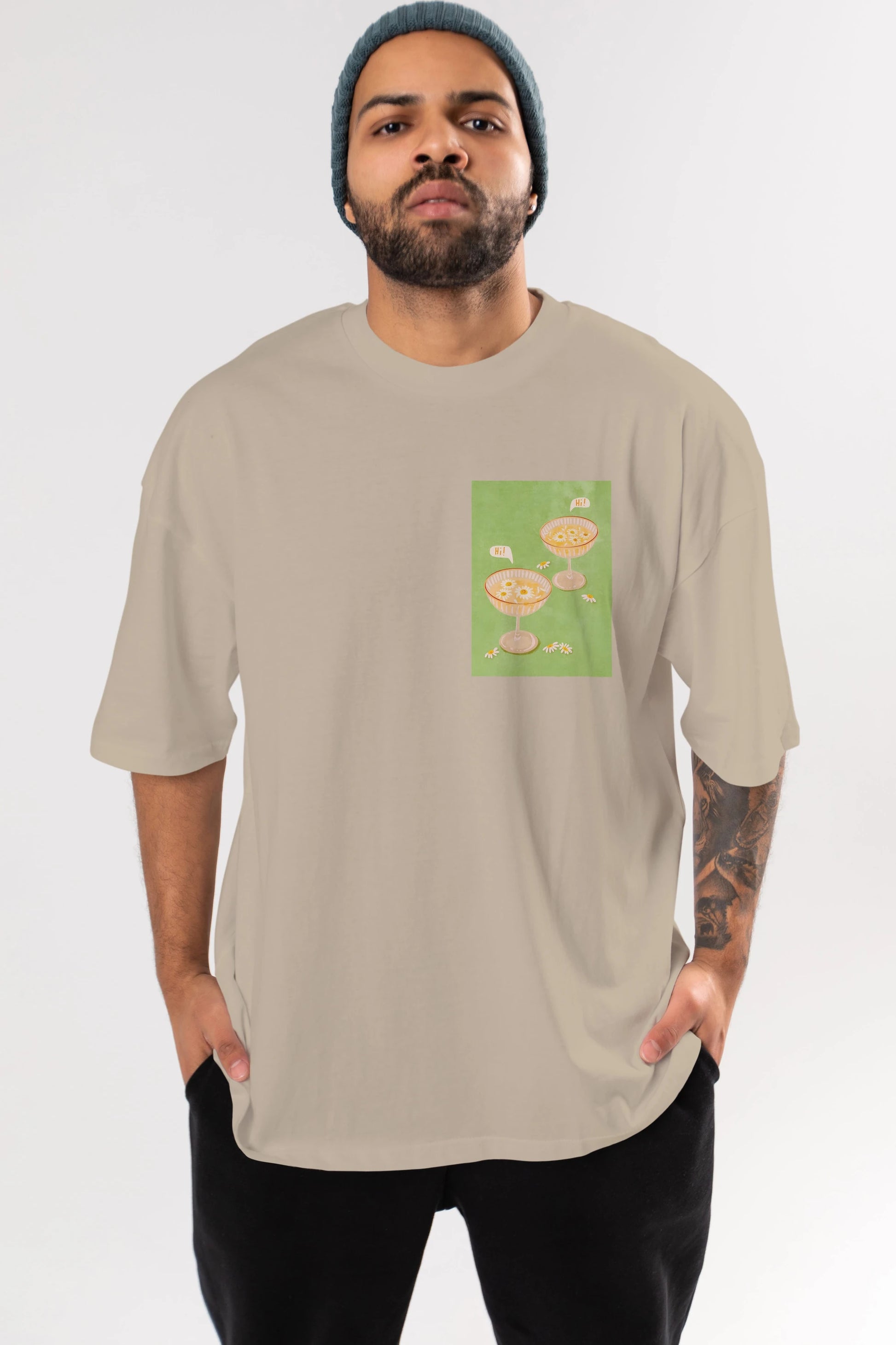 Hi Cheers Ön Sol Baskılı Oversize t-shirt Erkek Kadın Unisex %100 Pamuk Bisiklet Yaka tişort