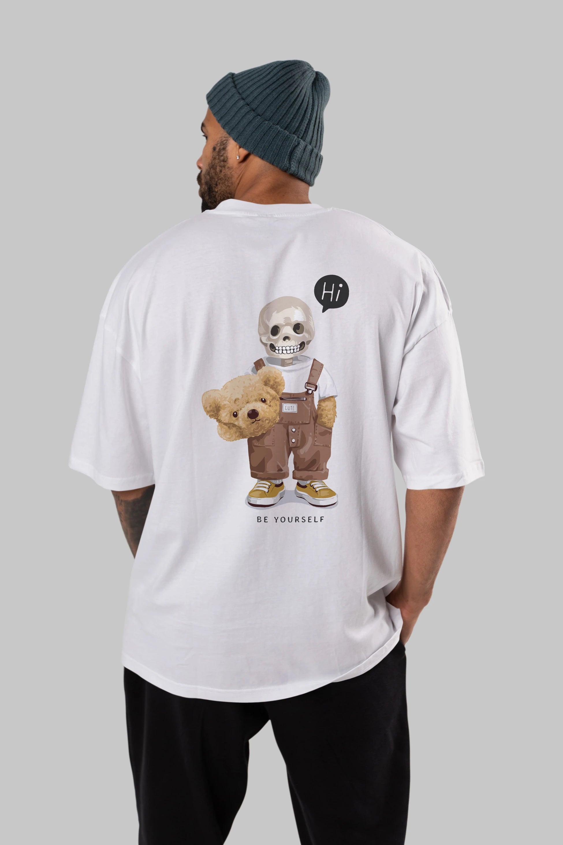 Teddy Bear hi Arka Baskılı Oversize t-shirt Erkek Kadın Unisex %100 Pamuk