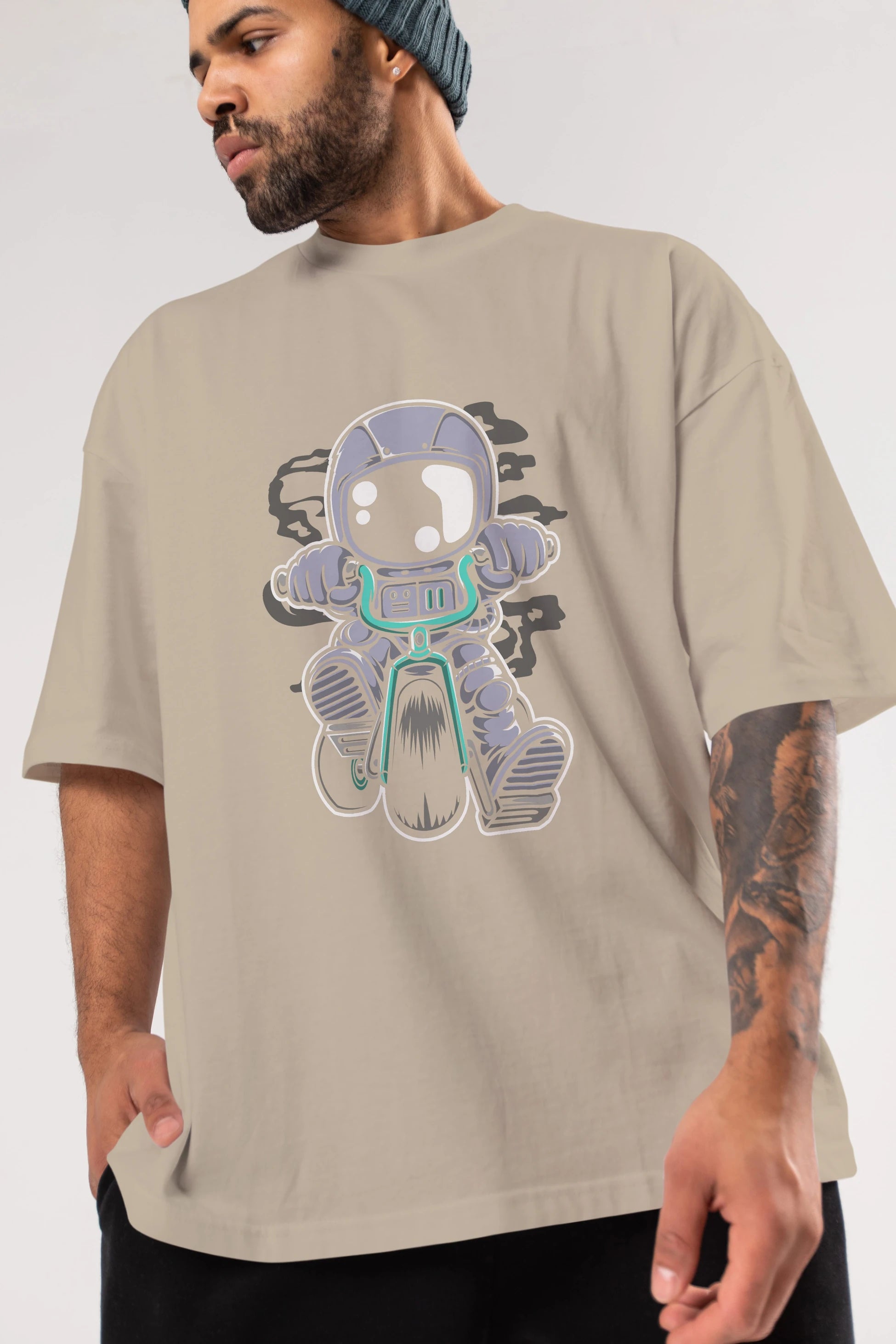 Astronaut Biker Ön Baskılı Oversize t-shirt Erkek Kadın Unisex