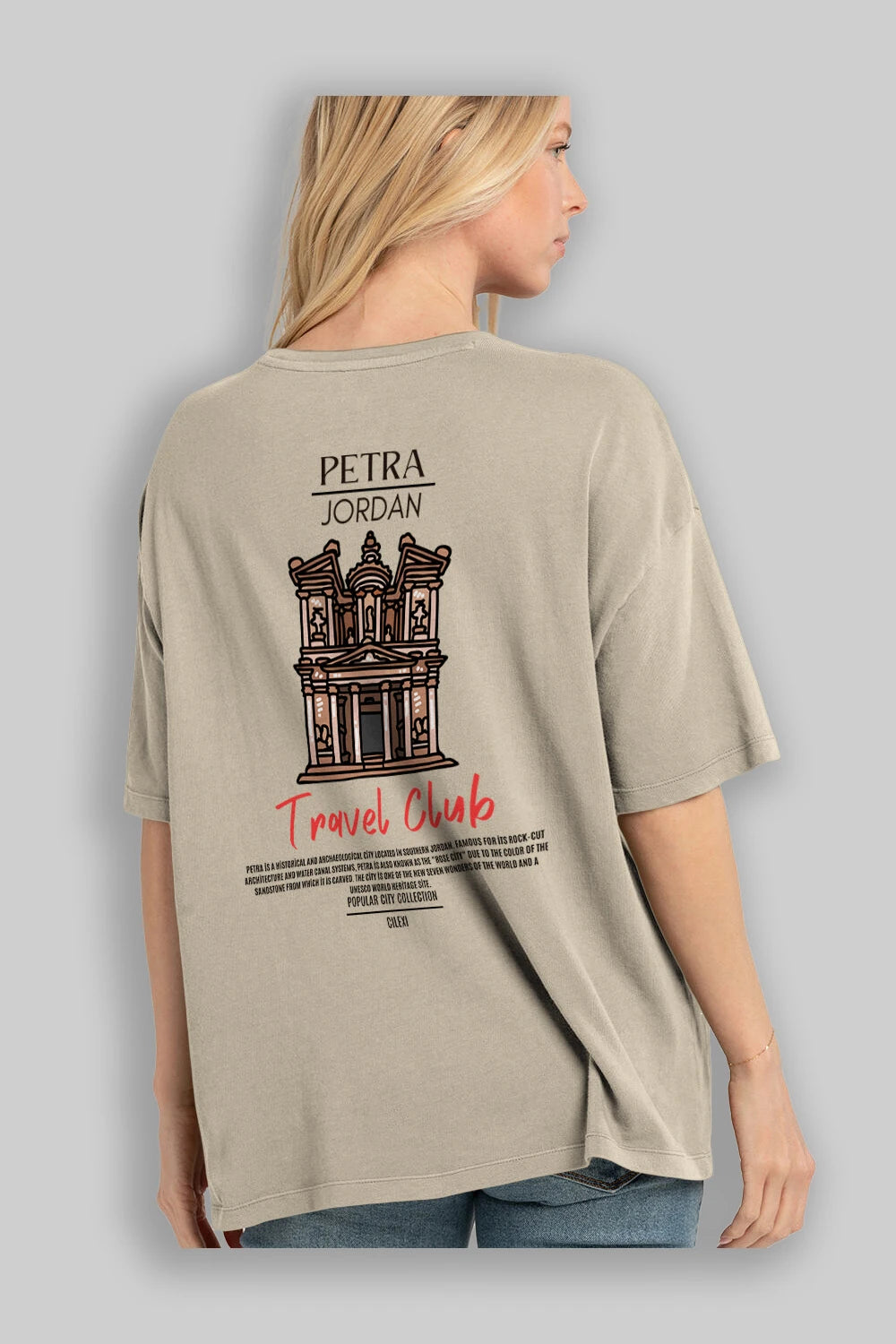 Petra Jordan Arka Baskılı Oversize t-shirt Erkek Kadın Pamuk Bisiklet Yaka tişort
