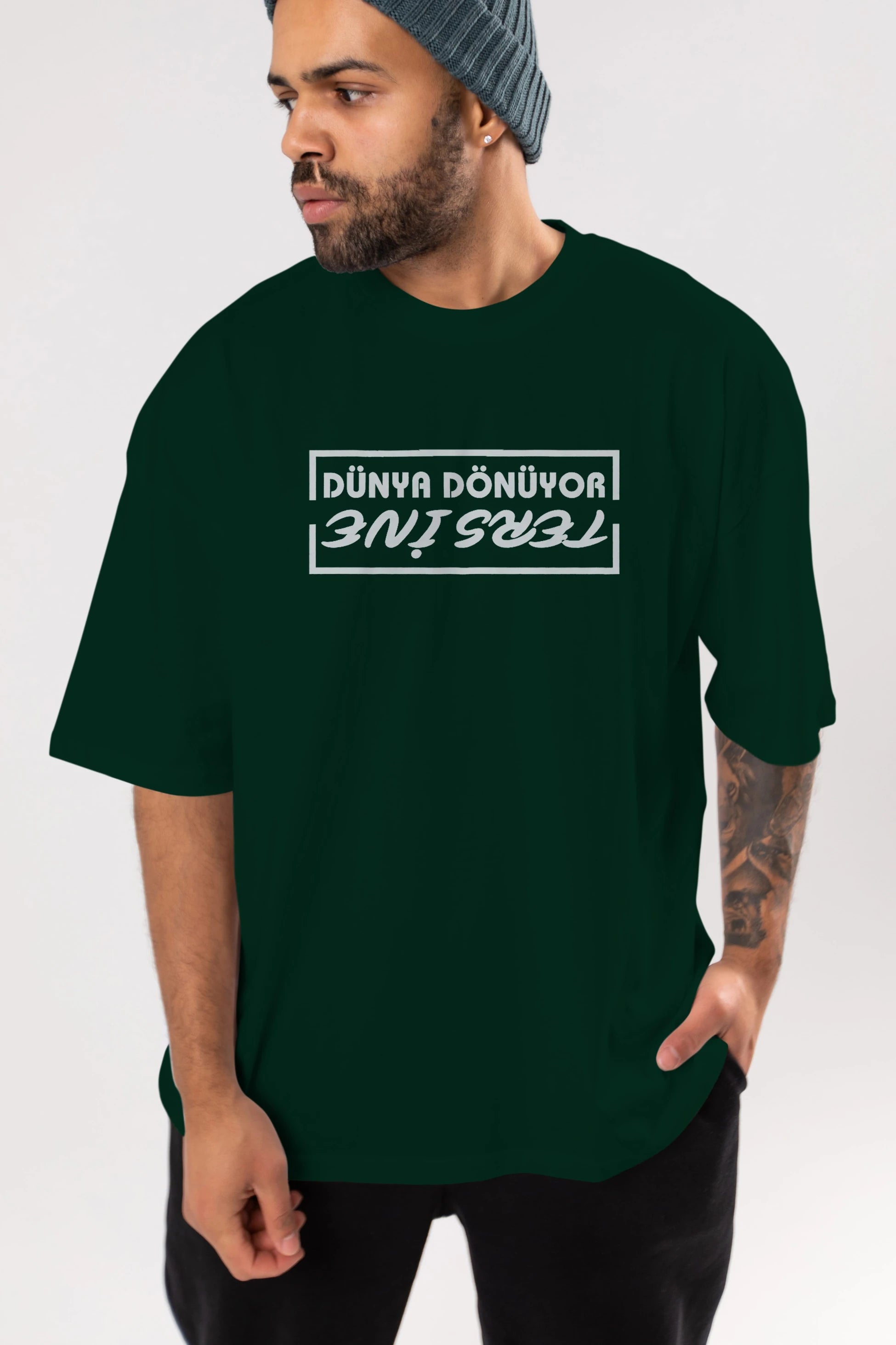 Dünya Dönüyor Tersine Ön Baskılı Oversize t-shirt %100 pamuk Erkek Kadın Unisex