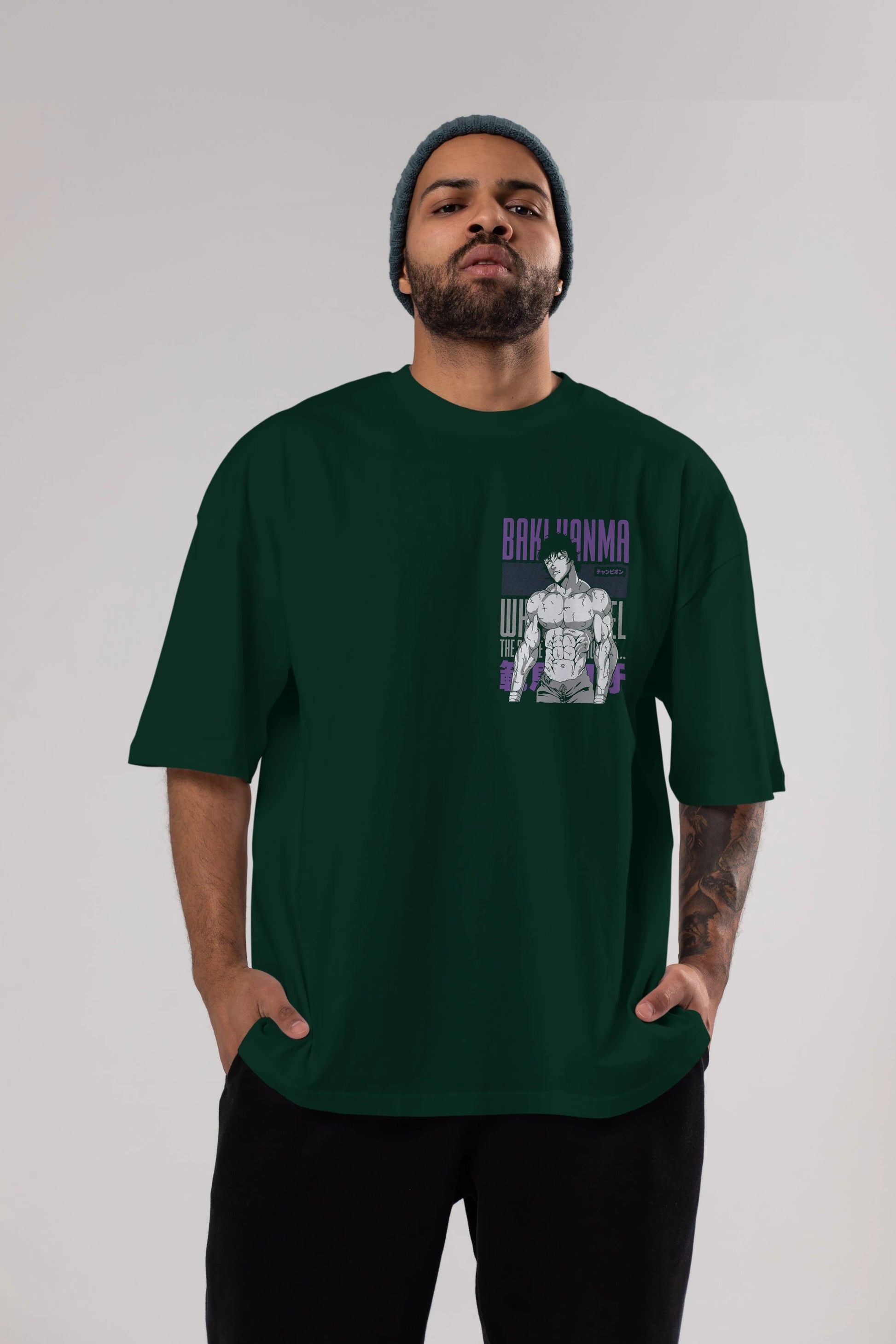 BAKI HANMA (2) Ön Sol Baskılı Oversize t-shirt Erkek Kadın Unisex %100 Pamuk Bisiklet Yaka tişort