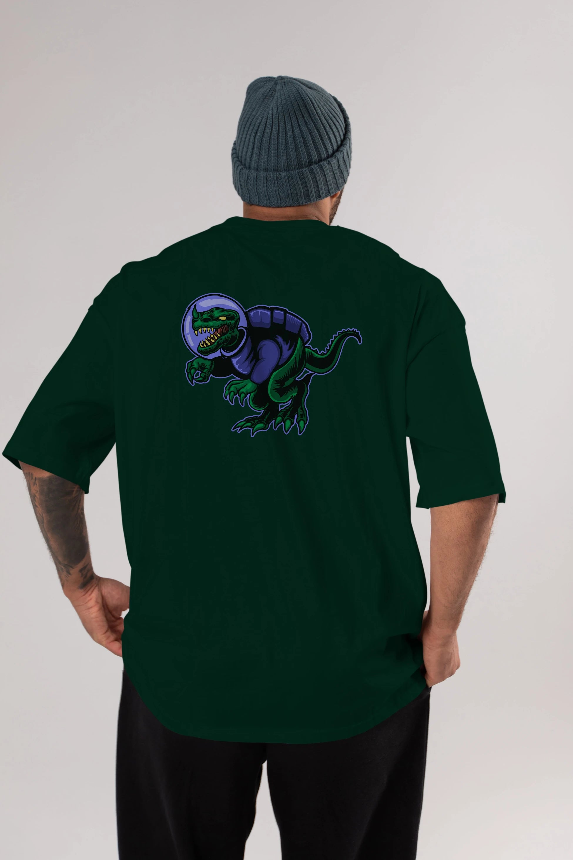 Space Dino Arka Baskılı Oversize t-shirt Erkek Kadın Unisex