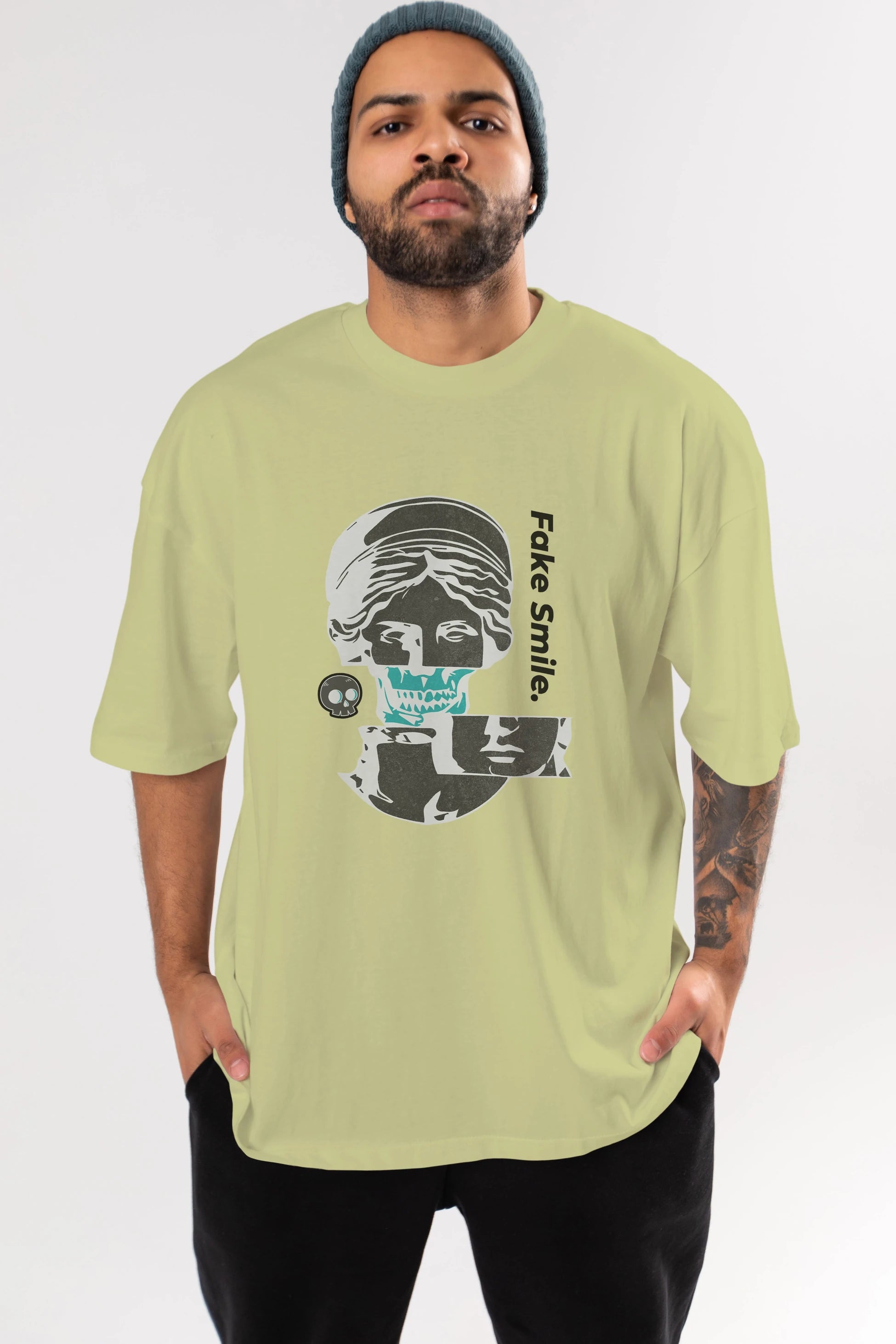 Fake Smile Yazılı Ön Baskılı Oversize t-shirt Erkek Kadın Unisex