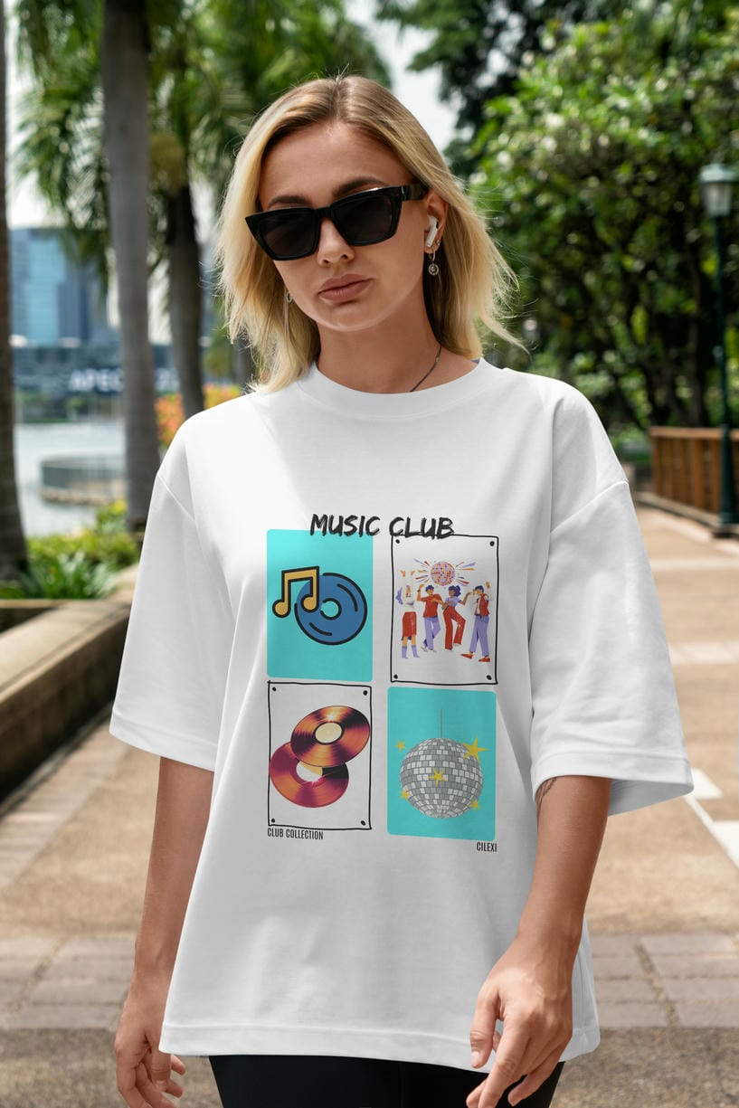 Music Club ön Baskılı Oversize t-shirt Erkek Kadın %100 Pamuk Bisiklet Yaka tişort