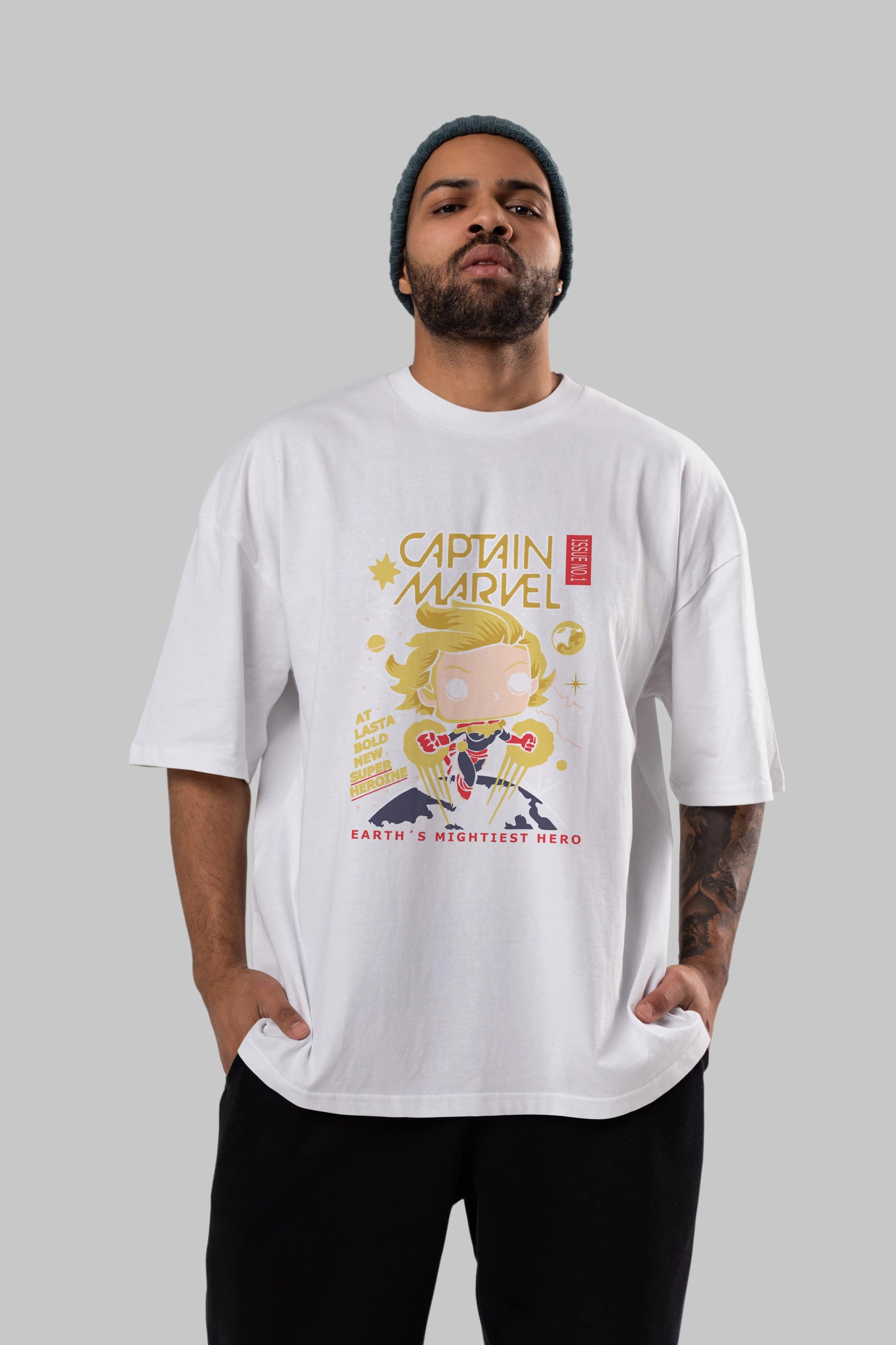 Captain Marvel Ön Baskılı Oversize t-shirt Erkek Kadın Unisex %100 Pamuk Bisiklet Yaka tişort