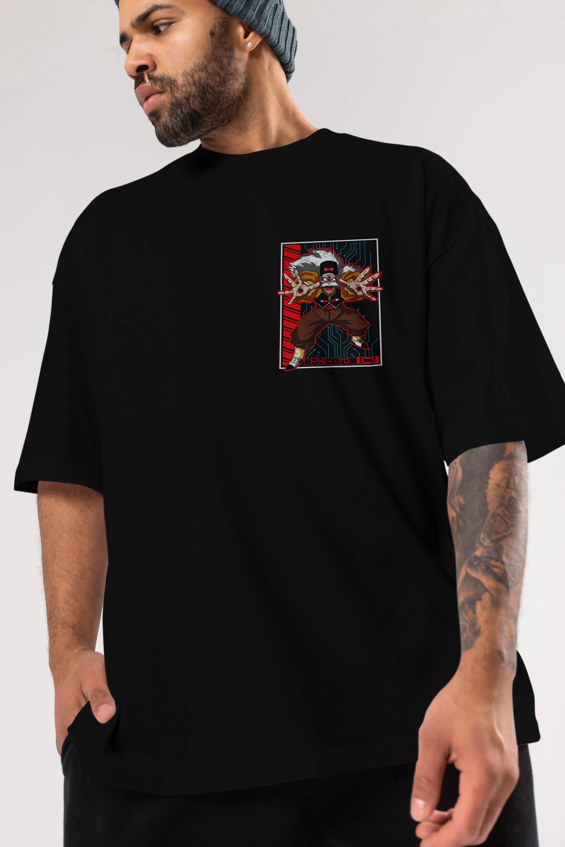 DragonBall DrMakigero Ön Sol Baskılı Oversize t-shirt Erkek Kadın Unisex %100 Pamuk Bisiklet Yaka tişort