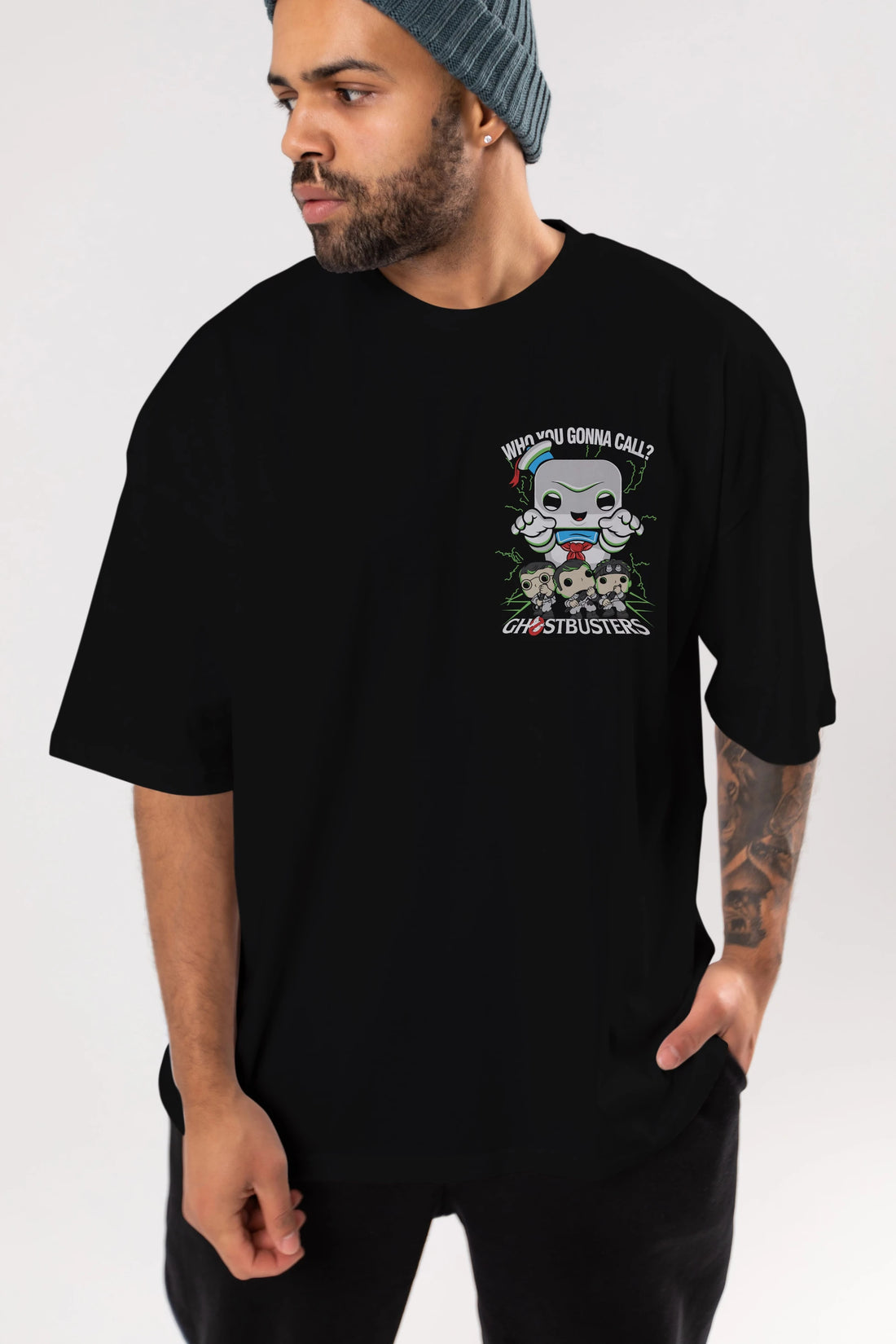 Ghostbusters Ön Sol Baskılı Oversize t-shirt Erkek Kadın Unisex %100 Pamuk Bisiklet Yaka tişort