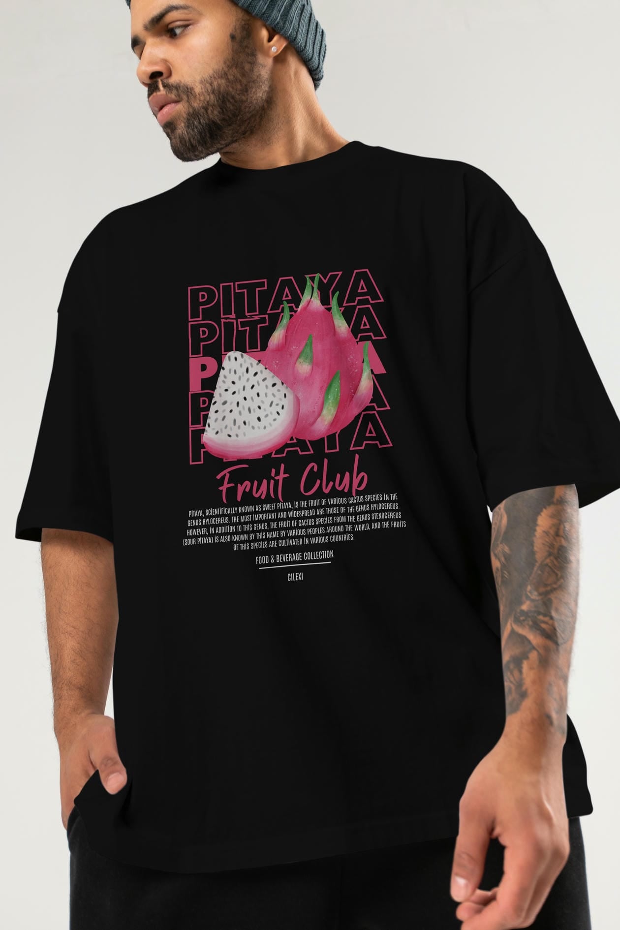 Pitaya Ön Baskılı Oversize t-shirt Erkek Kadın Pamuk Bisiklet Yaka tişort