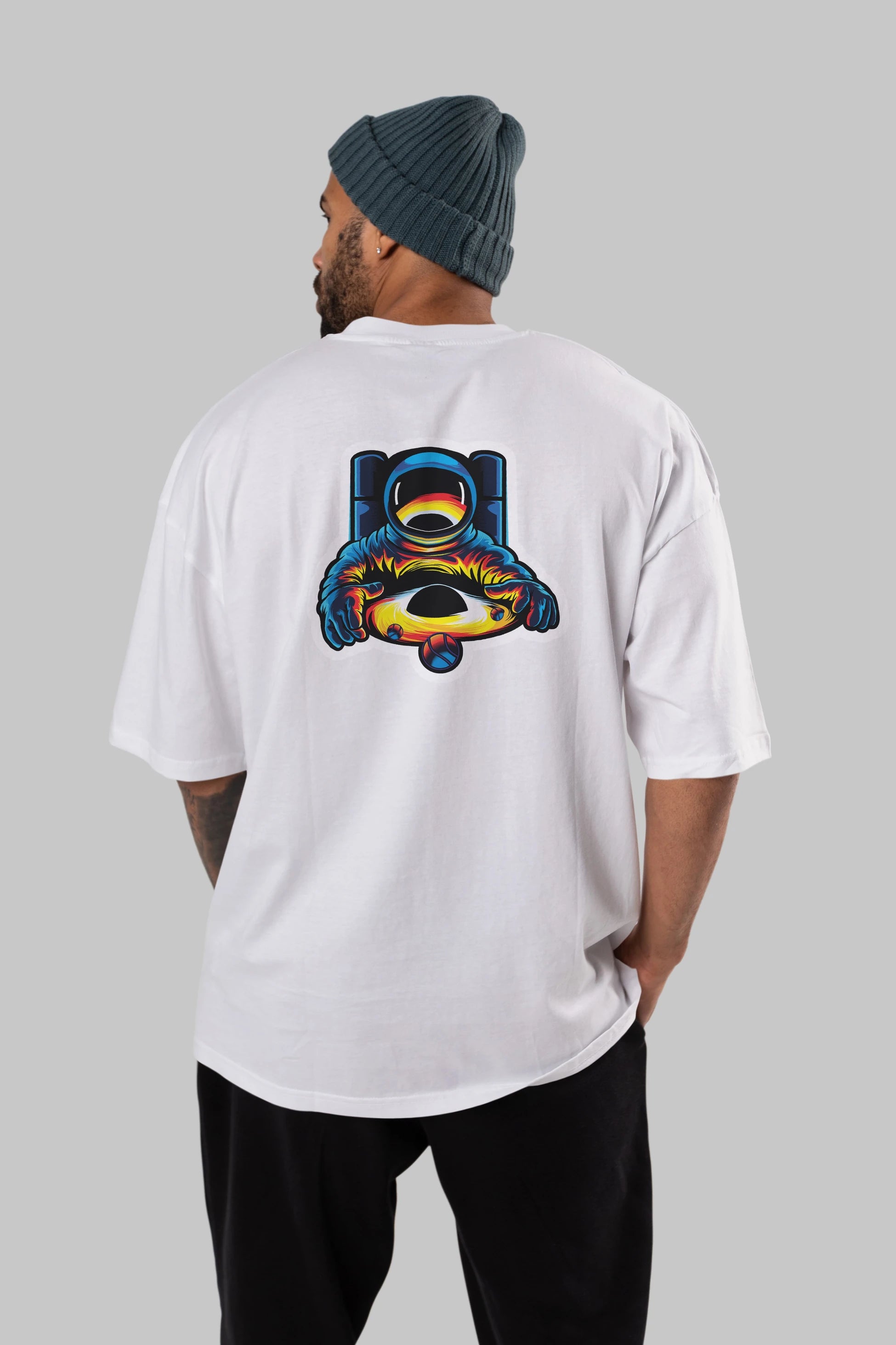 Astronaut & Black Hole Sticker Arka Baskılı Oversize t-shirt Erkek Kadın Unisex