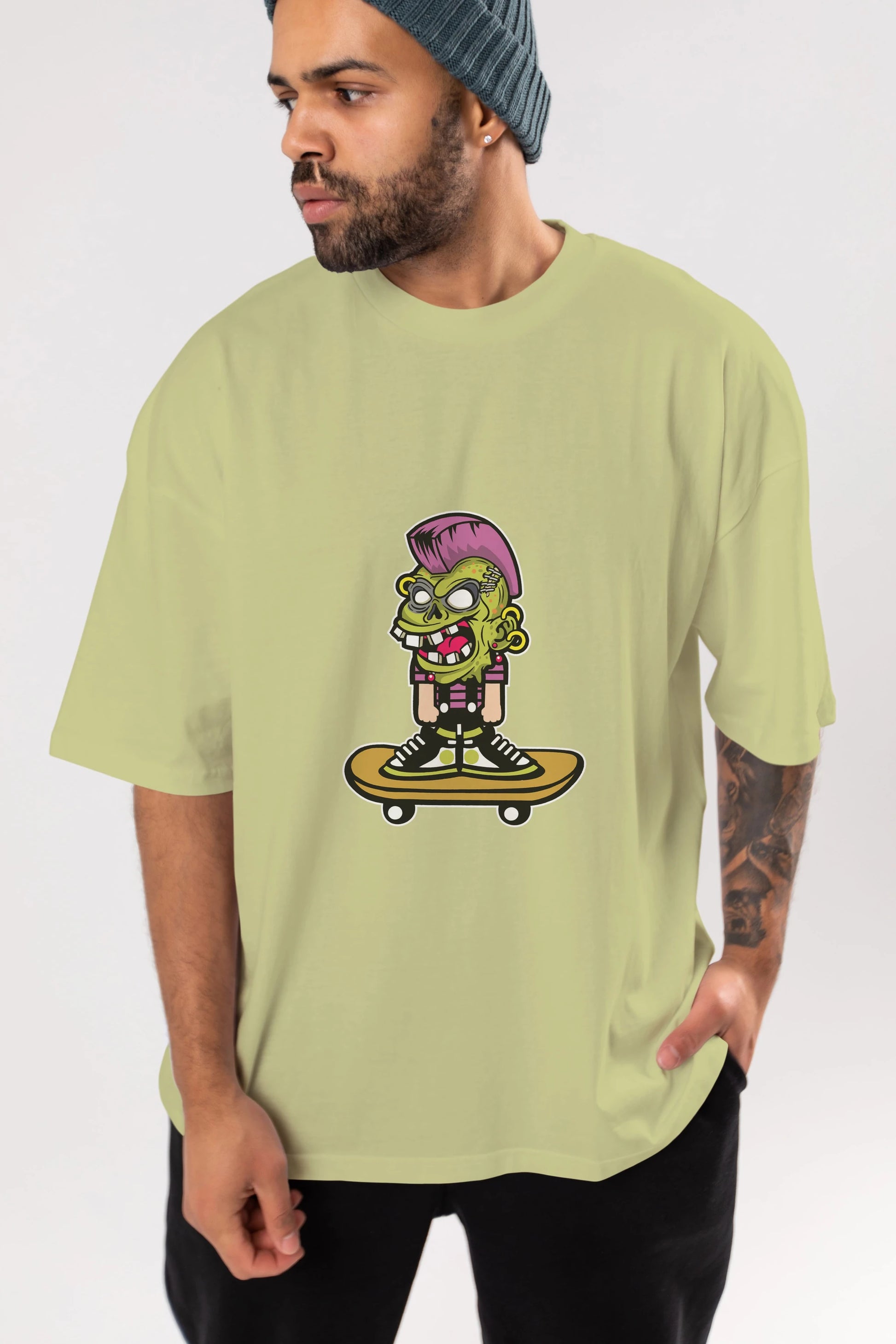 Zombie Punk Skater Ön Baskılı Oversize t-shirt Erkek Kadın Unisex %100 Pamuk tişort