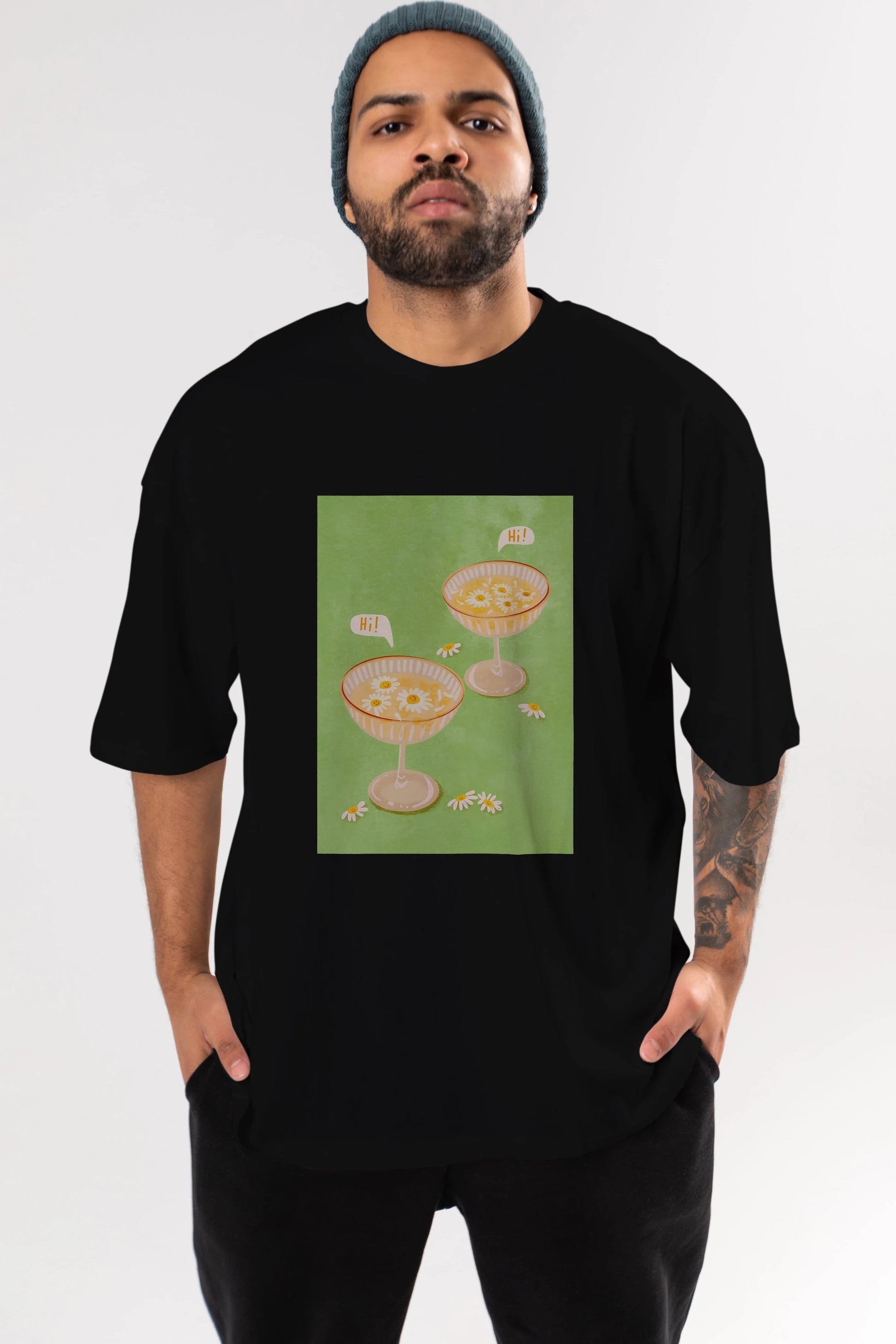 Hi Cheers Ön Baskılı Oversize t-shirt Erkek Kadın Unisex %100 Pamuk Bisiklet Yaka tişort