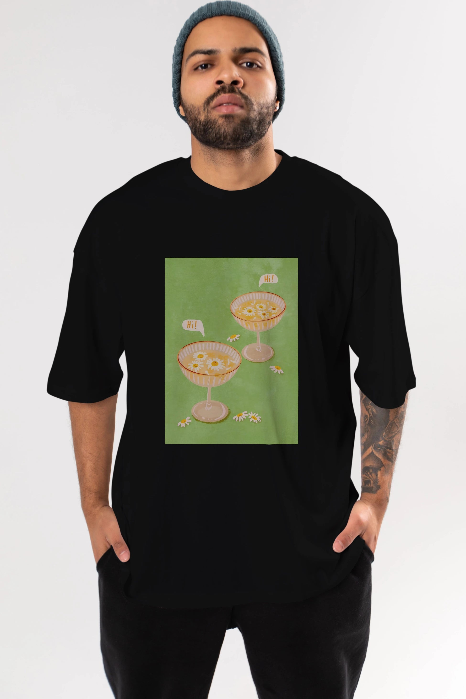 Hi Cheers Ön Baskılı Oversize t-shirt Erkek Kadın Unisex %100 Pamuk Bisiklet Yaka tişort