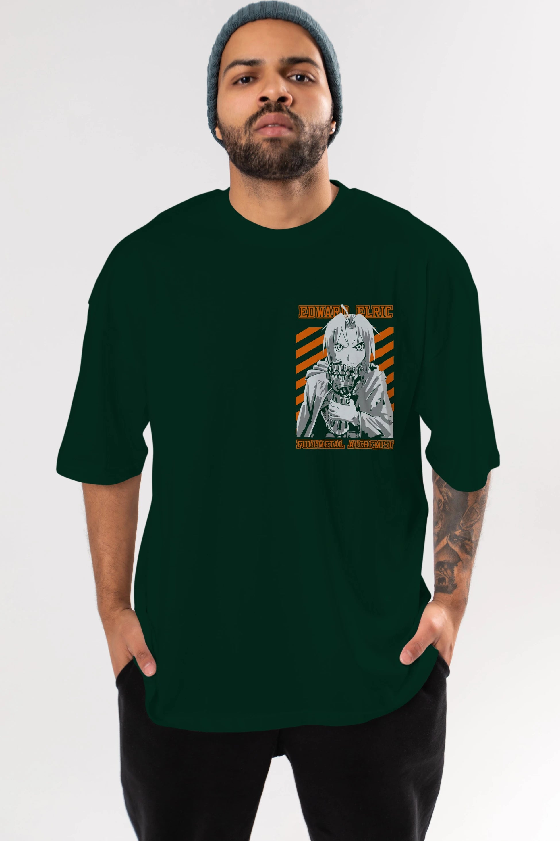 EDWARD ELRIC Ön Sol Baskılı Oversize t-shirt Erkek Kadın Unisex %100 Pamuk Bisiklet Yaka tişort