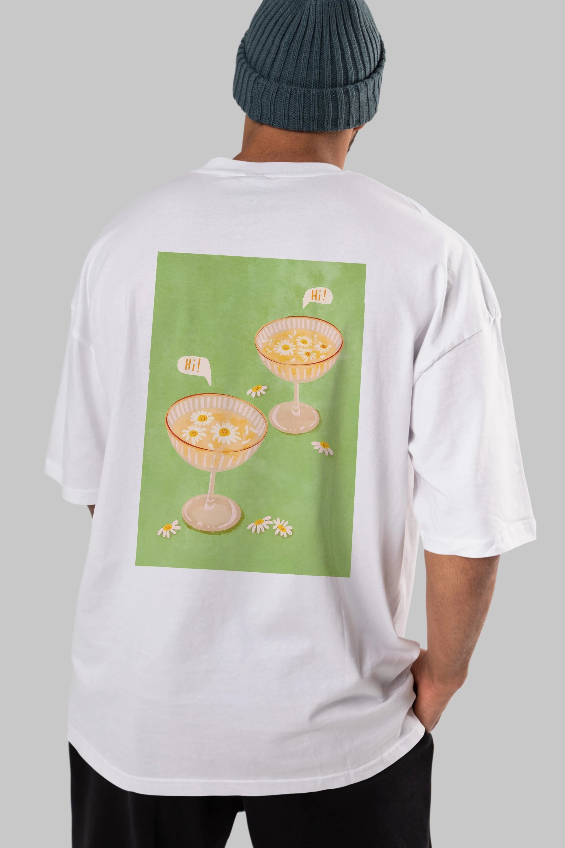 Hi Cheers Arka Baskılı Oversize t-shirt Erkek Kadın Unisex %100 Pamuk Bisiklet Yaka tişort