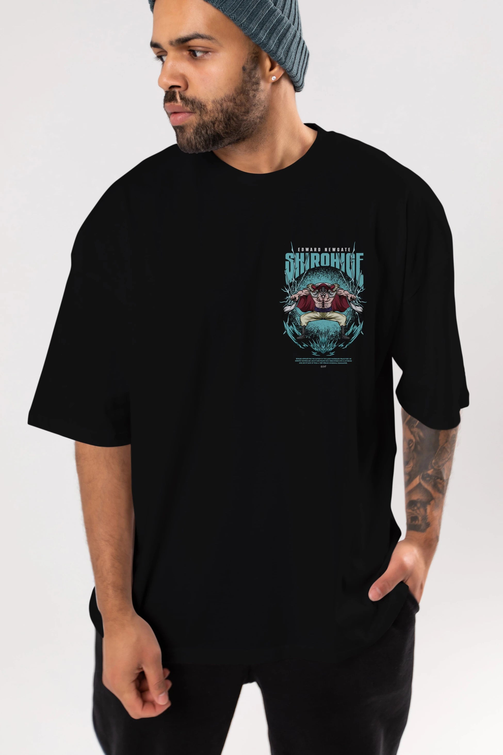 Shirohige Ön Sol Baskılı Oversize t-shirt Erkek Kadın Unisex %100 Pamuk Bisiklet Yaka tişort