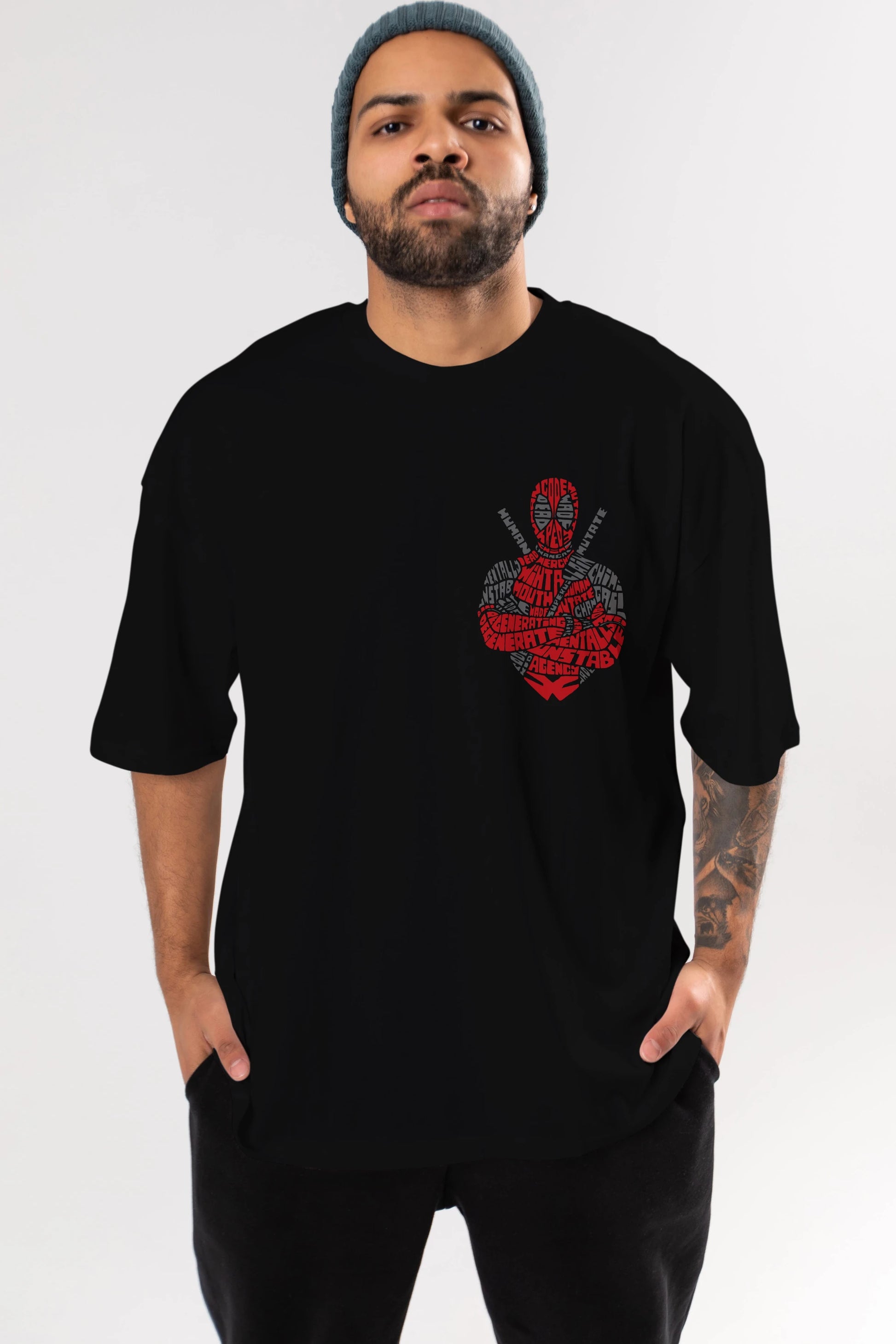 Deadpool (16) Ön Sol Baskılı Oversize t-shirt Erkek Kadın Unisex %100 Pamuk Bisiklet Yaka tişort