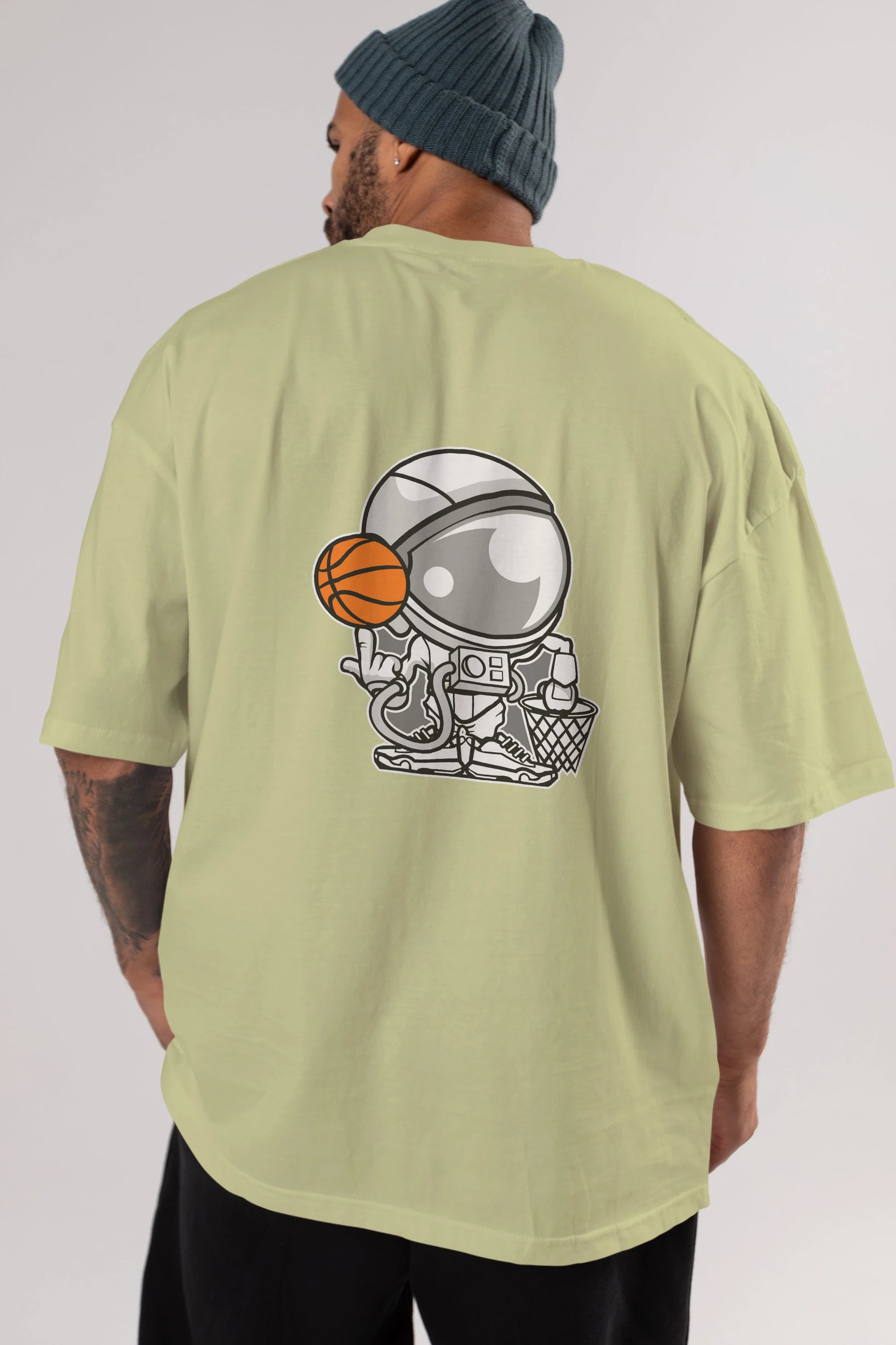 Astronaut Basketball Arka Baskılı Oversize t-shirt Erkek Kadın Unisex %100 Pamuk tişort