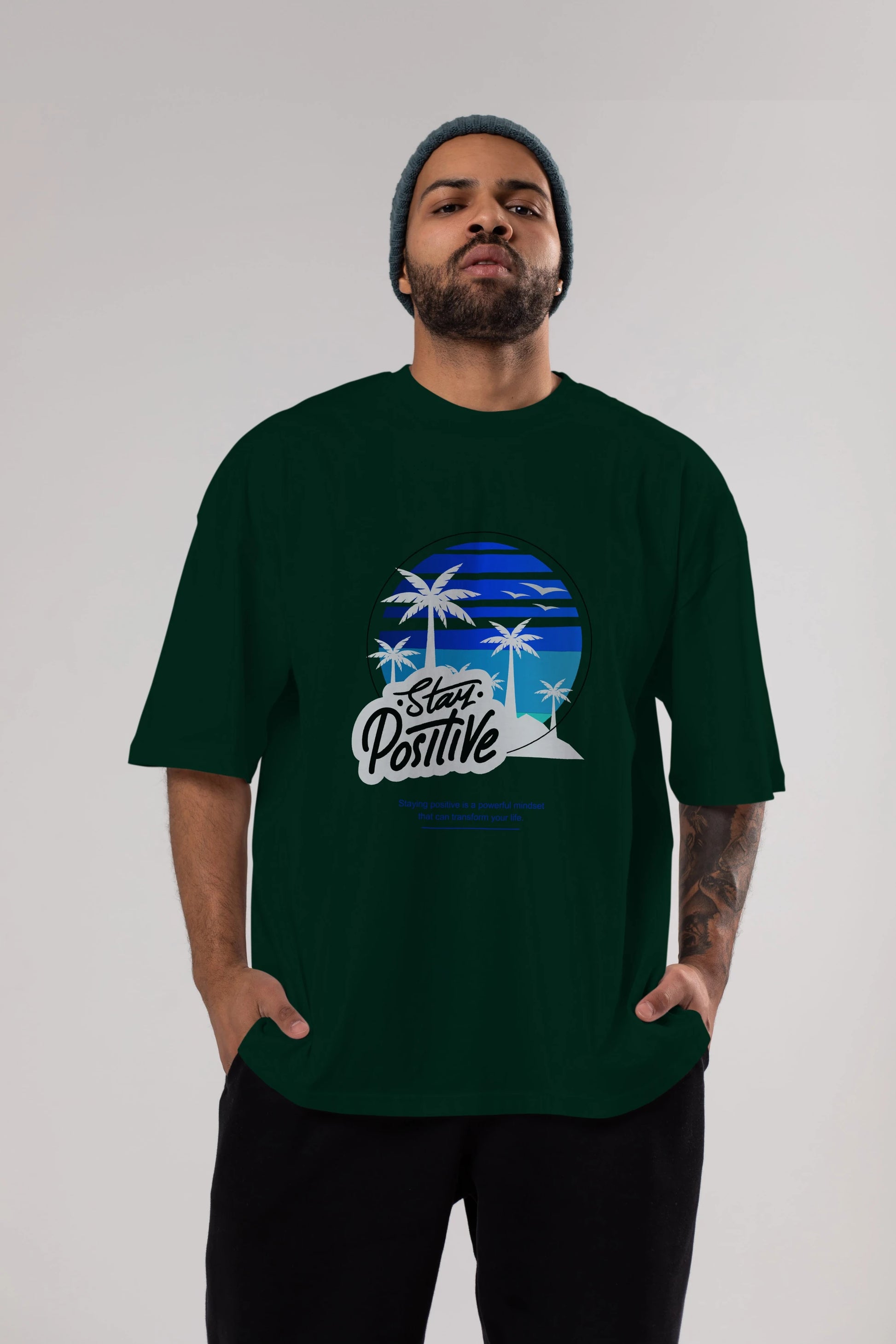 Stay Positive Yazılı Ön Baskılı Oversize t-shirt Erkek Kadın Unisex