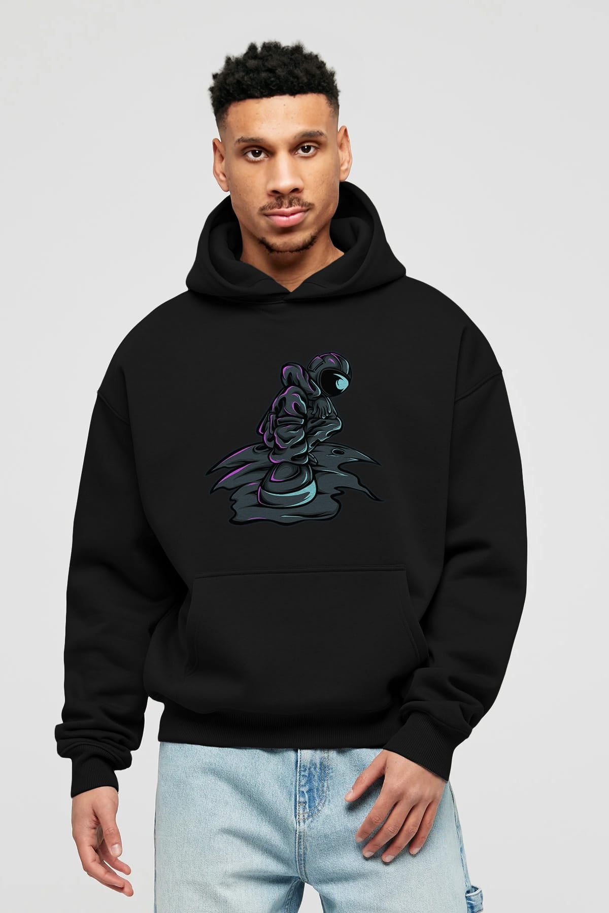 Stylish Astronaut Ön Baskılı Hoodie Oversize Kapüşonlu Sweatshirt Erkek Kadın Unisex